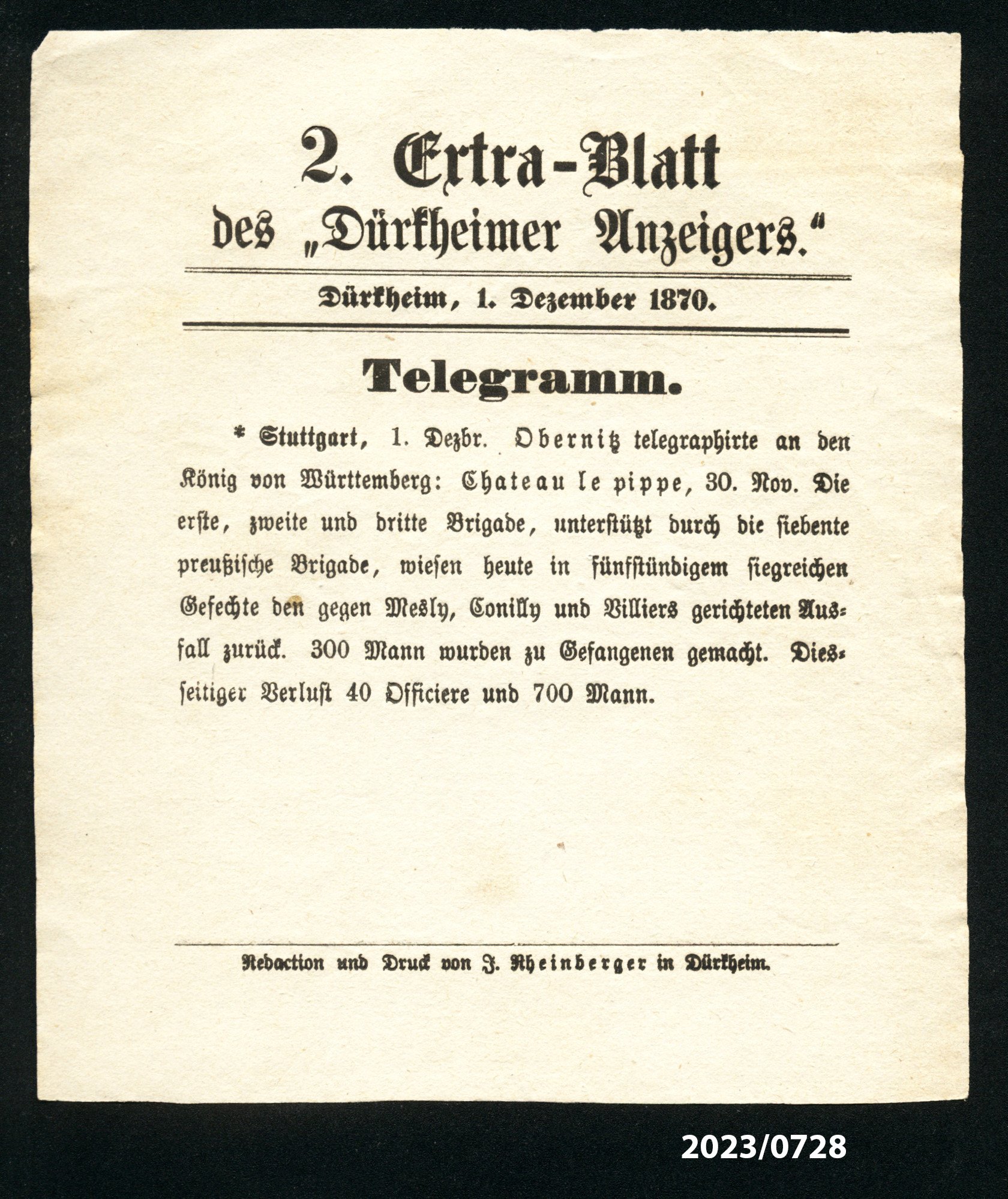 2. Extra-Blatt des "Dürkheimer Anzeigers." 1.12.1870 (Stadtmuseum Bad Dürkheim im Kulturzentrum Haus Catoir CC BY-NC-SA)