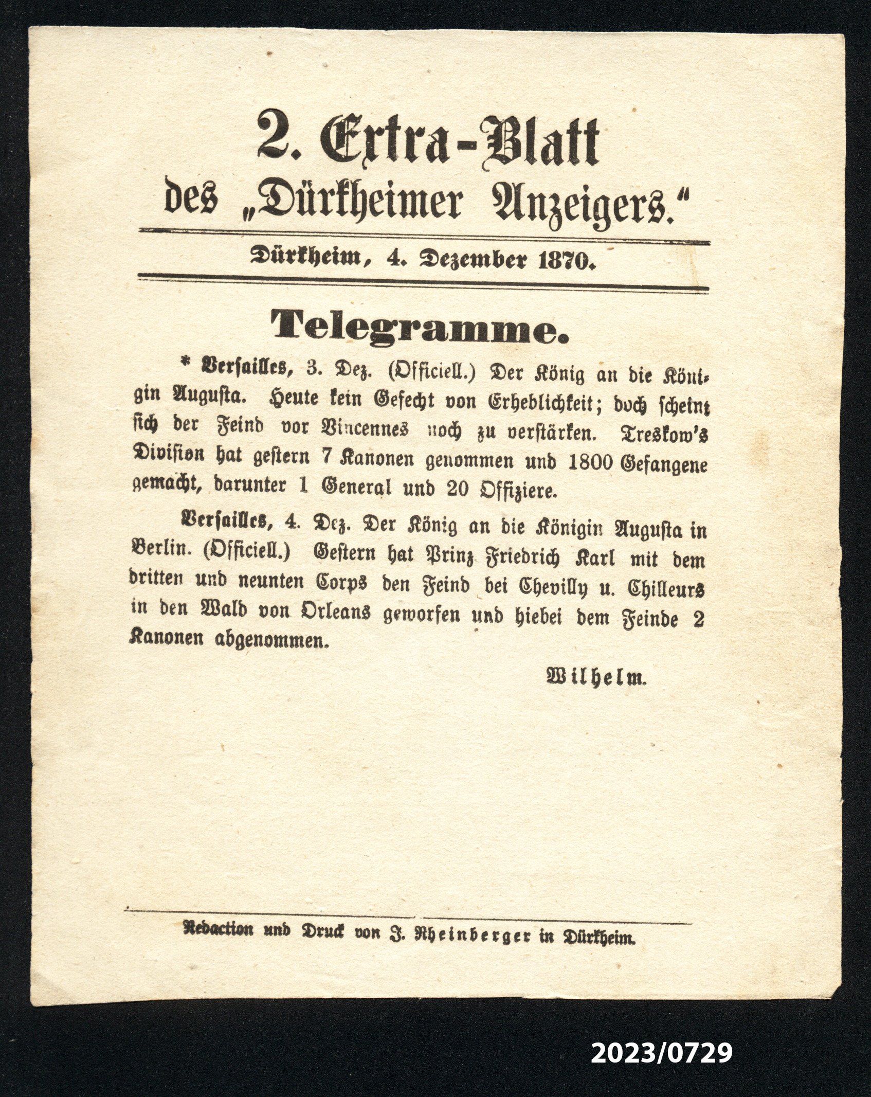 2. Extra-Blatt des "Dürkheimer Anzeigers." 4.12.1870 (Stadtmuseum Bad Dürkheim im Kulturzentrum Haus Catoir CC BY-NC-SA)
