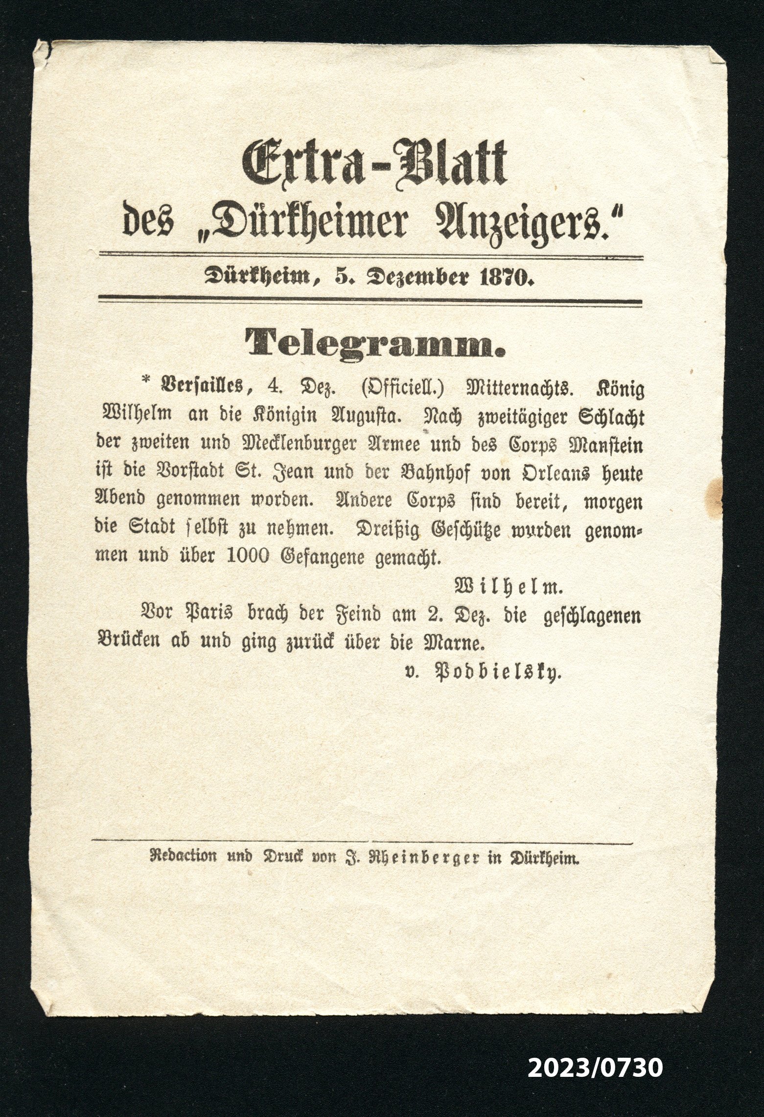 Extra-Blatt des "Dürkheimer Anzeigers." 5.12.1870 (Stadtmuseum Bad Dürkheim im Kulturzentrum Haus Catoir CC BY-NC-SA)