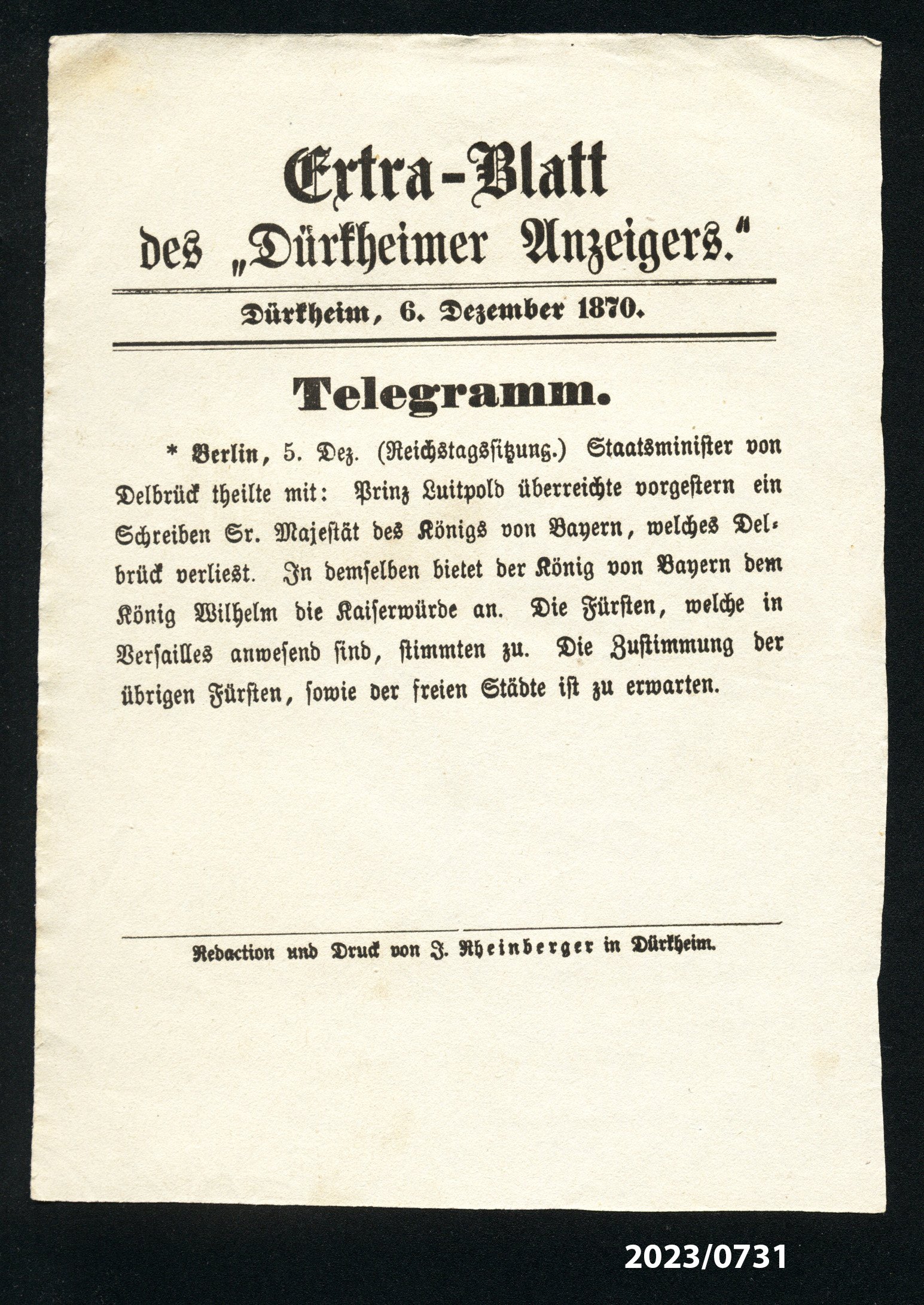 Extra-Blatt des "Dürkheimer Anzeigers." 6.12.1870 (Stadtmuseum Bad Dürkheim im Kulturzentrum Haus Catoir CC BY-NC-SA)