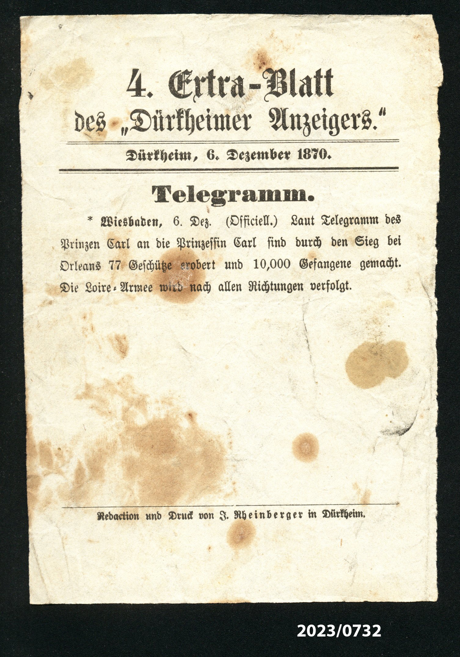 4. Extra-Blatt des "Dürkheimer Anzeigers." 6.12.1870 (Stadtmuseum Bad Dürkheim im Kulturzentrum Haus Catoir CC BY-NC-SA)