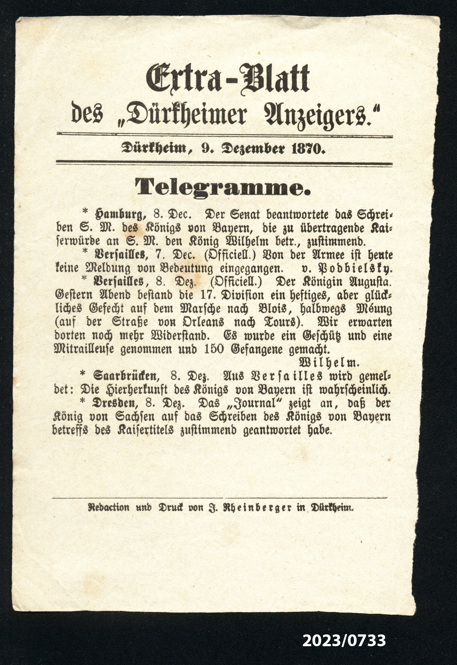 Extra-Blatt des "Dürkheimer Anzeigers." 9.12.1870 (Stadtmuseum Bad Dürkheim im Kulturzentrum Haus Catoir CC BY-NC-SA)