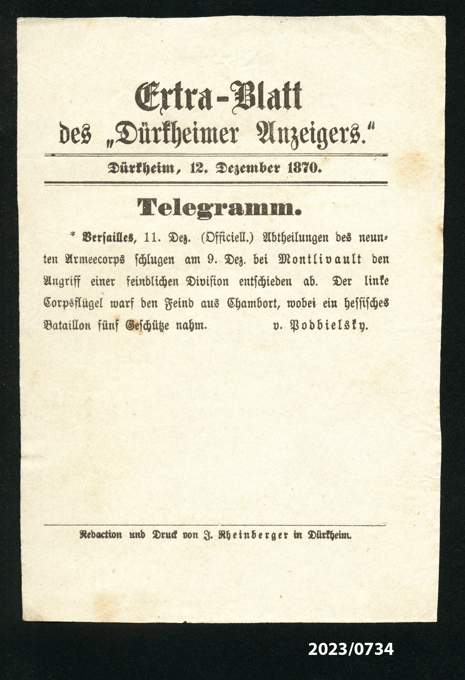 Extra-Blatt des "Dürkheimer Anzeigers." 12.12.1870 (Stadtmuseum Bad Dürkheim im Kulturzentrum Haus Catoir CC BY-NC-SA)