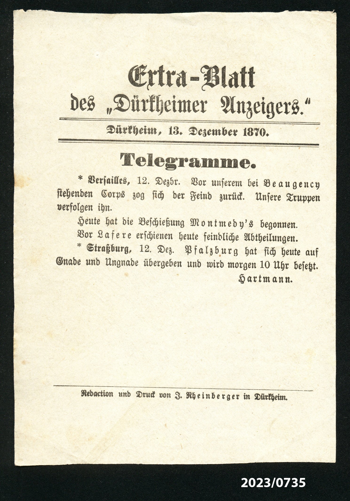 Extra-Blatt des "Dürkheimer Anzeigers." 13.12.1870 (Stadtmuseum Bad Dürkheim im Kulturzentrum Haus Catoir CC BY-NC-SA)