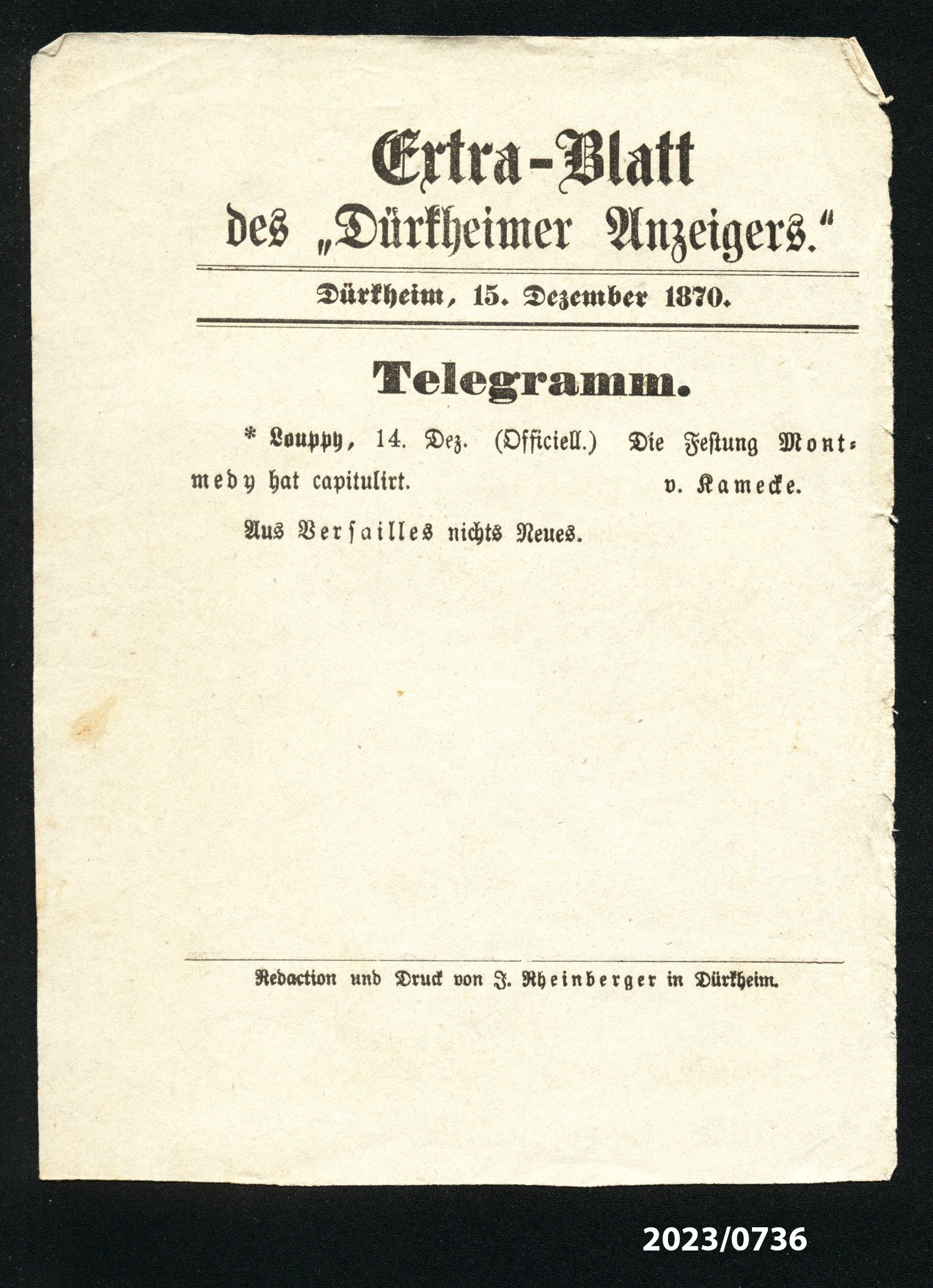 Extra-Blatt des "Dürkheimer Anzeigers." 15.12.1870 (Stadtmuseum Bad Dürkheim im Kulturzentrum Haus Catoir CC BY-NC-SA)