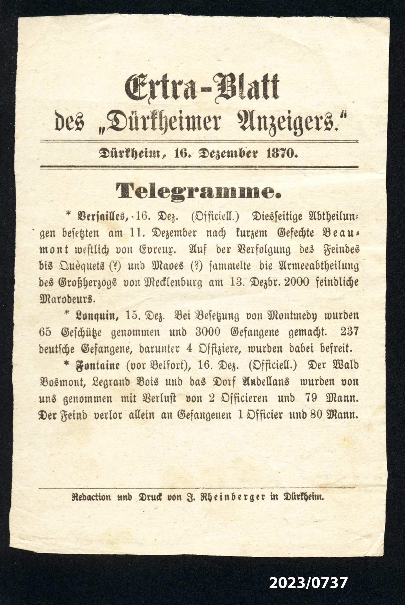 Extra-Blatt des "Dürkheimer Anzeigers." 16.12.1870 (Stadtmuseum Bad Dürkheim im Kulturzentrum Haus Catoir CC BY-NC-SA)