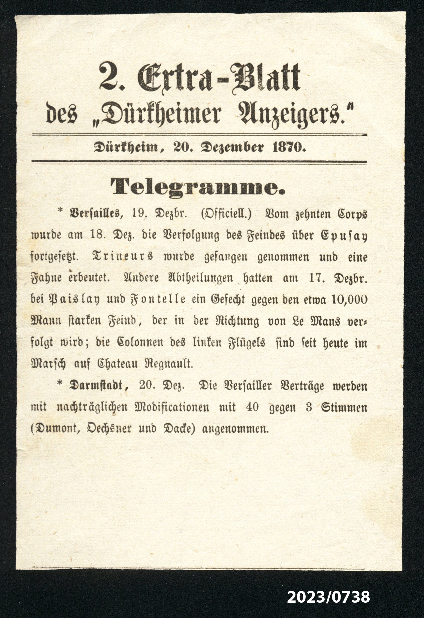 2. Extra-Blatt des "Dürkheimer Anzeigers." 20.12.1870 (Stadtmuseum Bad Dürkheim im Kulturzentrum Haus Catoir CC BY-NC-SA)