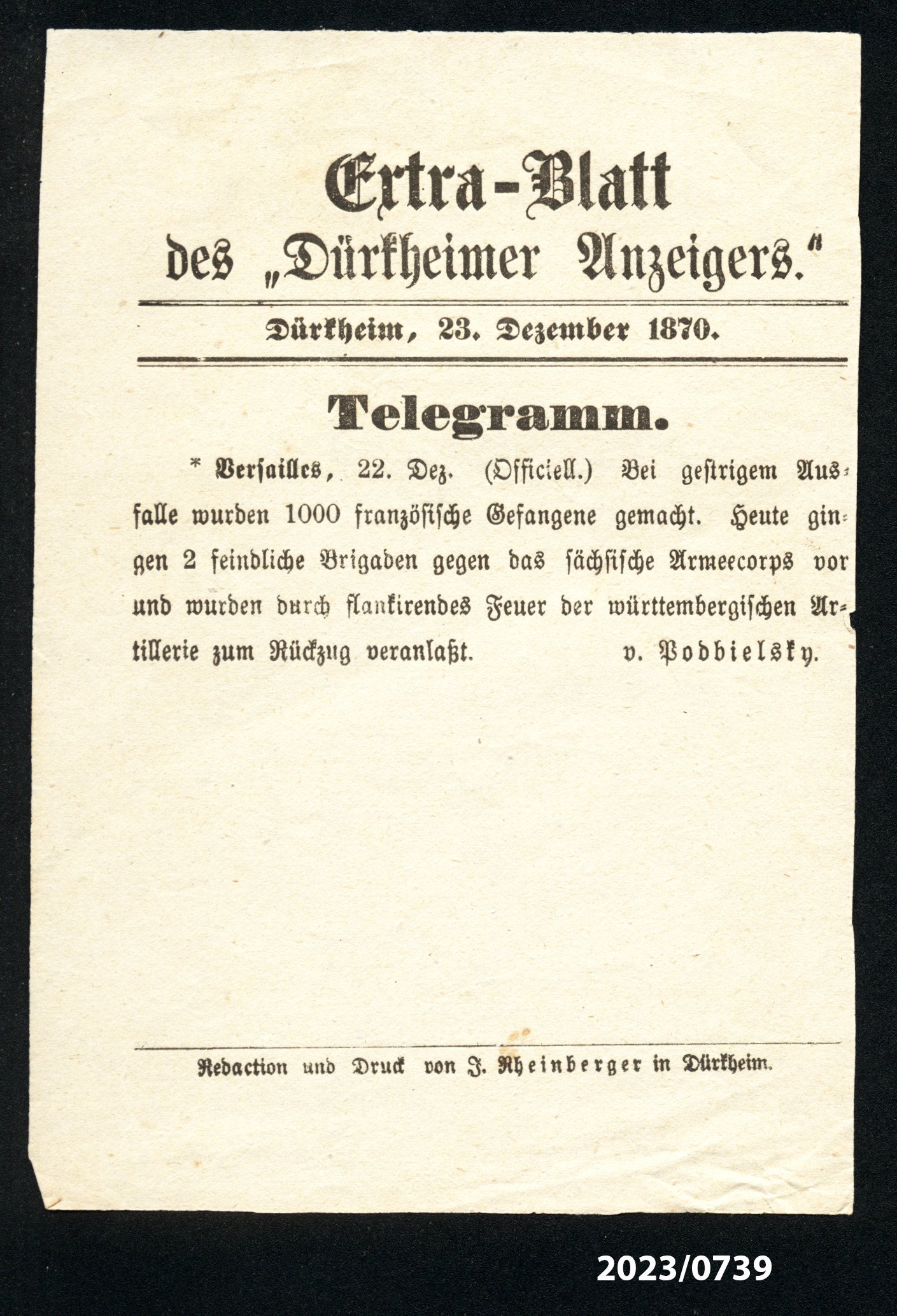 Extra-Blatt des "Dürkheimer Anzeigers." 23.12.1870 (Stadtmuseum Bad Dürkheim im Kulturzentrum Haus Catoir CC BY-NC-SA)