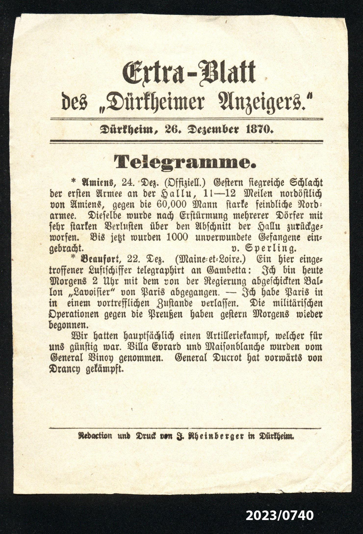 Extra-Blatt des "Dürkheimer Anzeigers." 26.12.1870 (Stadtmuseum Bad Dürkheim im Kulturzentrum Haus Catoir CC BY-NC-SA)