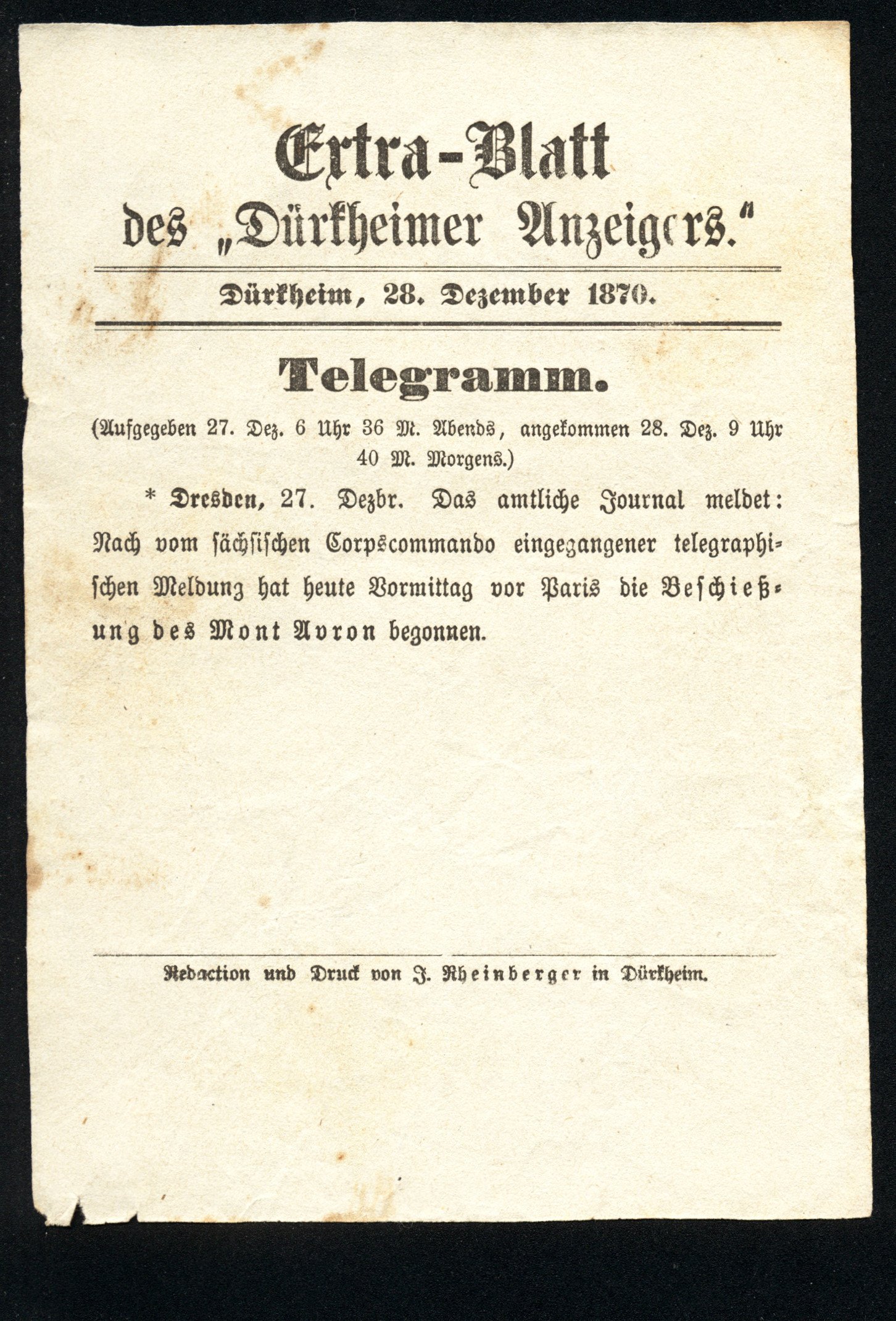 Extra-Blatt des "Dürkheimer Anzeigers." 28.12.1870 (Stadtmuseum Bad Dürkheim im Kulturzentrum Haus Catoir CC BY-NC-SA)