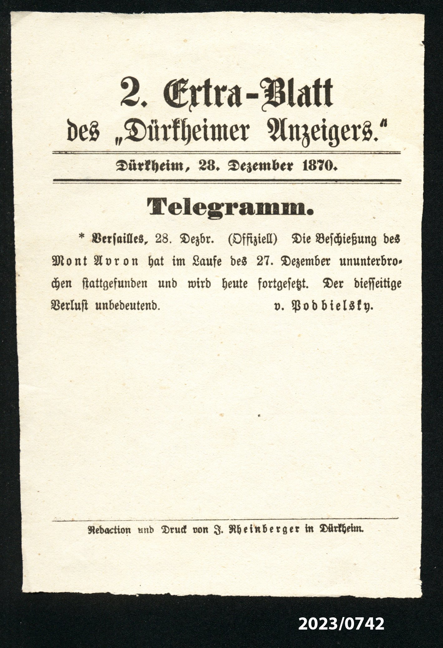 2. Extra-Blatt des "Dürkheimer Anzeigers." 28.12.1870 (Stadtmuseum Bad Dürkheim im Kulturzentrum Haus Catoir CC BY-NC-SA)