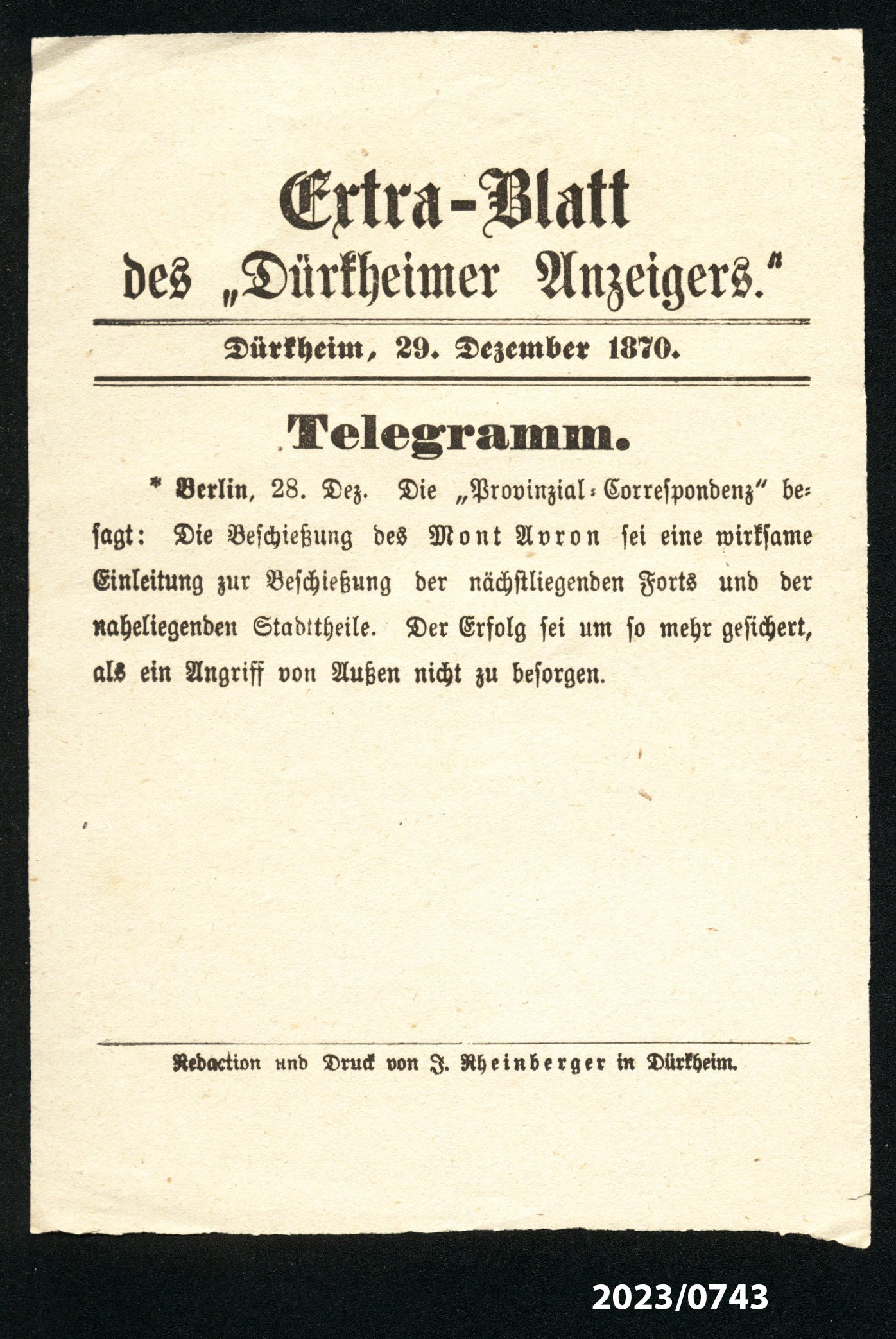 Extra-Blatt des "Dürkheimer Anzeigers." 29.12.1870 (Stadtmuseum Bad Dürkheim im Kulturzentrum Haus Catoir CC BY-NC-SA)