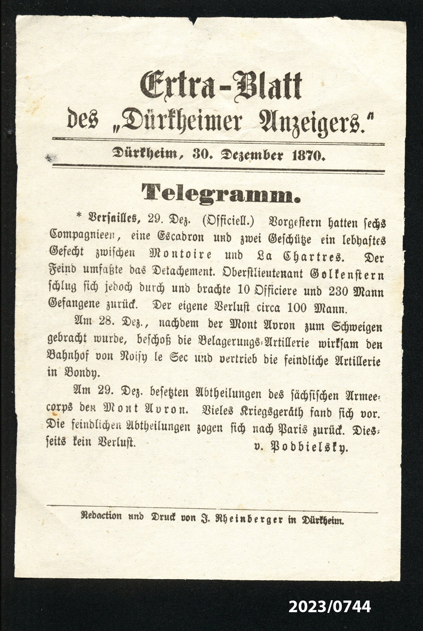 Extra-Blatt des "Dürkheimer Anzeigers." 30.12.1870 (Stadtmuseum Bad Dürkheim im Kulturzentrum Haus Catoir CC BY-NC-SA)