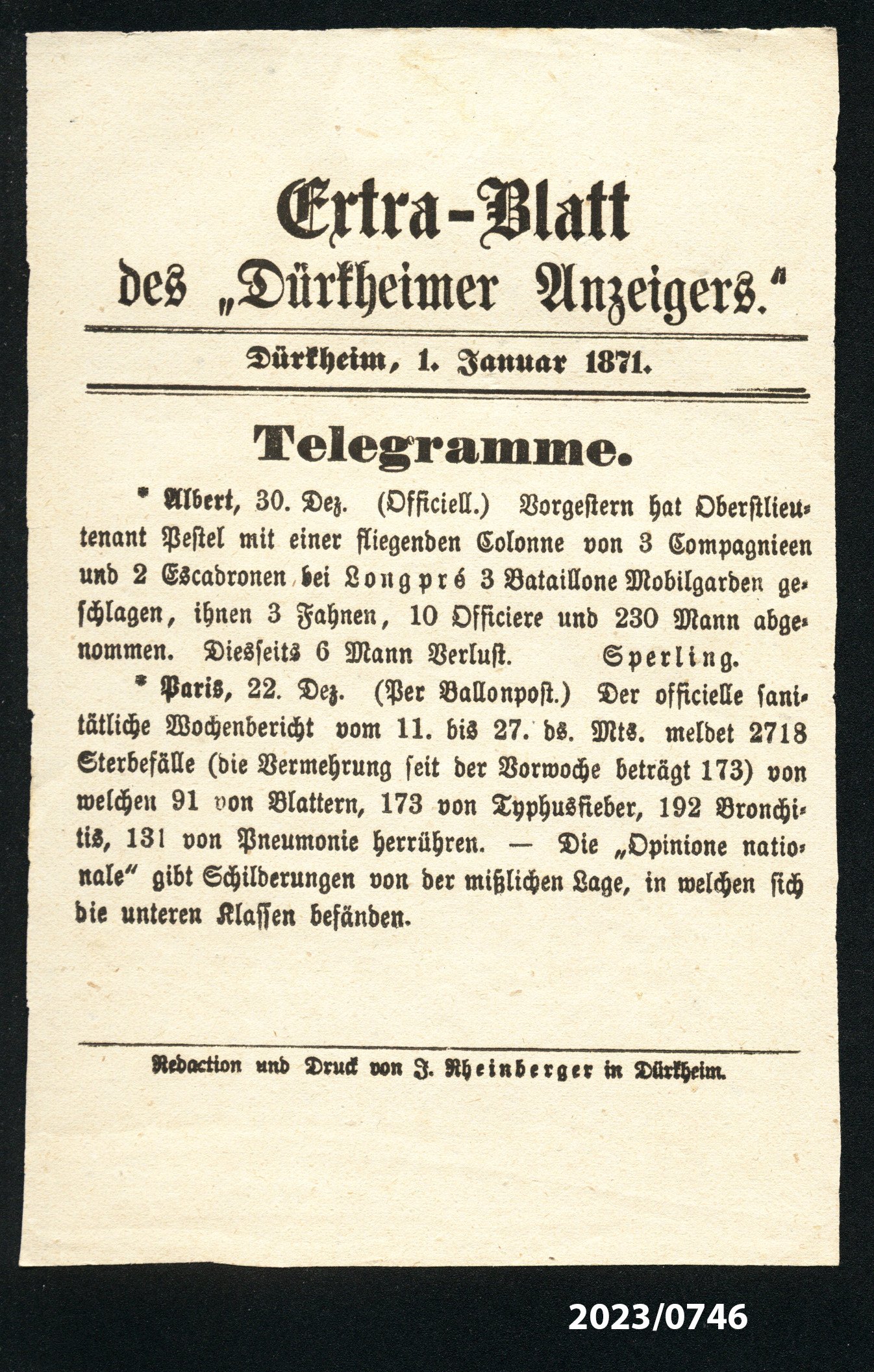 Extra-Blatt des "Dürkheimer Anzeigers." 1.1.1871 (Stadtmuseum Bad Dürkheim im Kulturzentrum Haus Catoir CC BY-NC-SA)