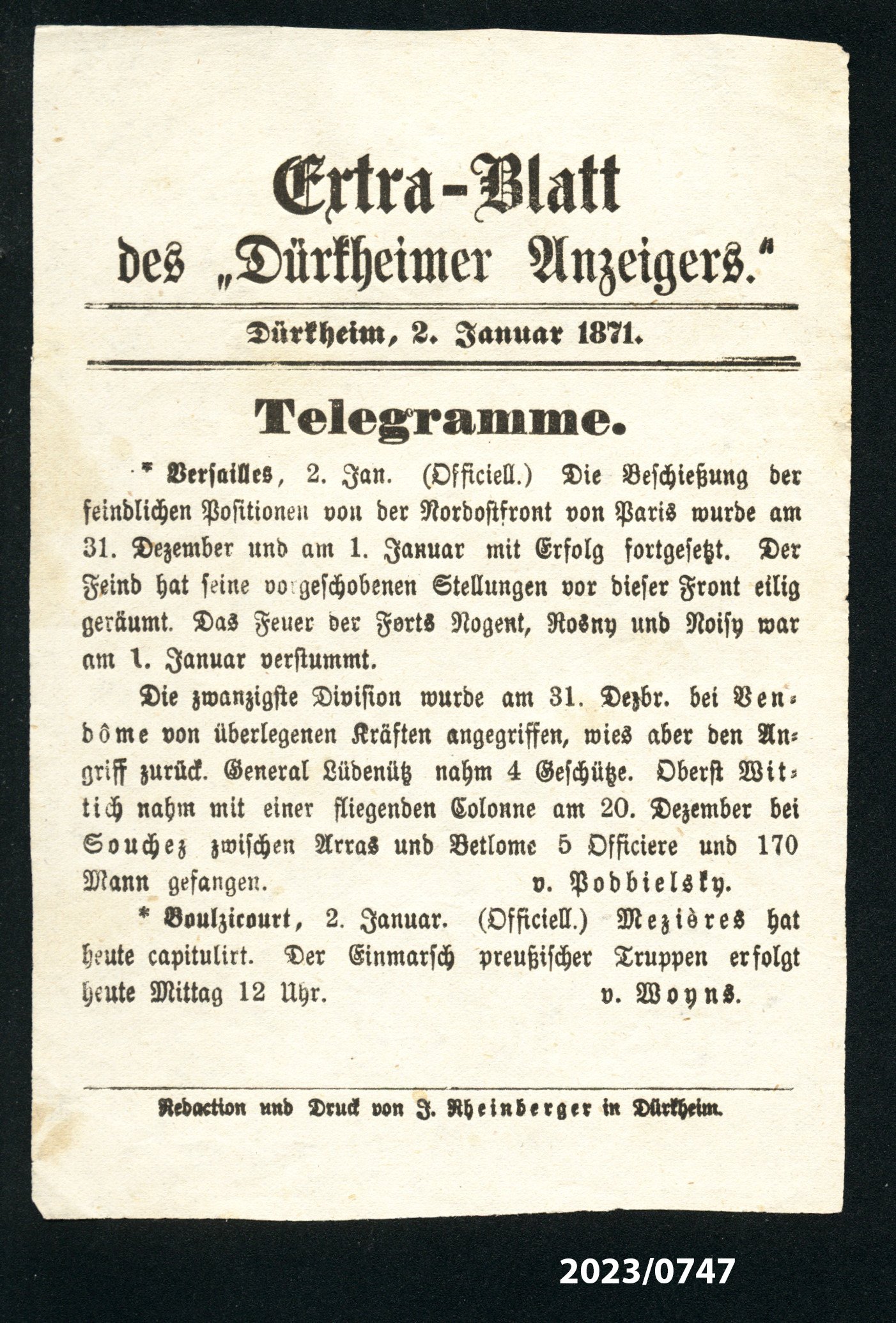 Extra-Blatt des "Dürkheimer Anzeigers." 2.1.1871 (Stadtmuseum Bad Dürkheim im Kulturzentrum Haus Catoir CC BY-NC-SA)