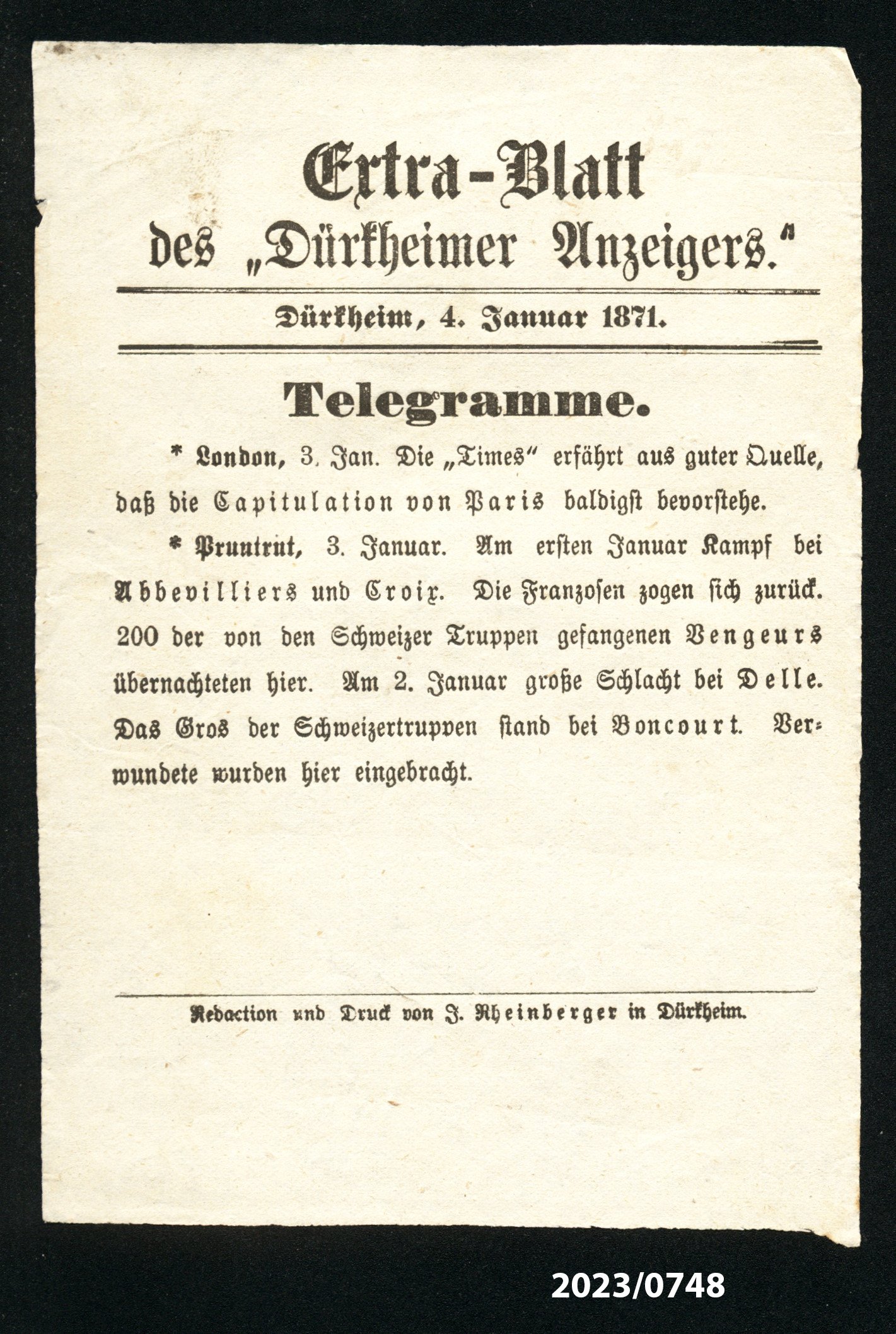 Extra-Blatt des "Dürkheimer Anzeigers." 4.1.1871 (Stadtmuseum Bad Dürkheim im Kulturzentrum Haus Catoir CC BY-NC-SA)