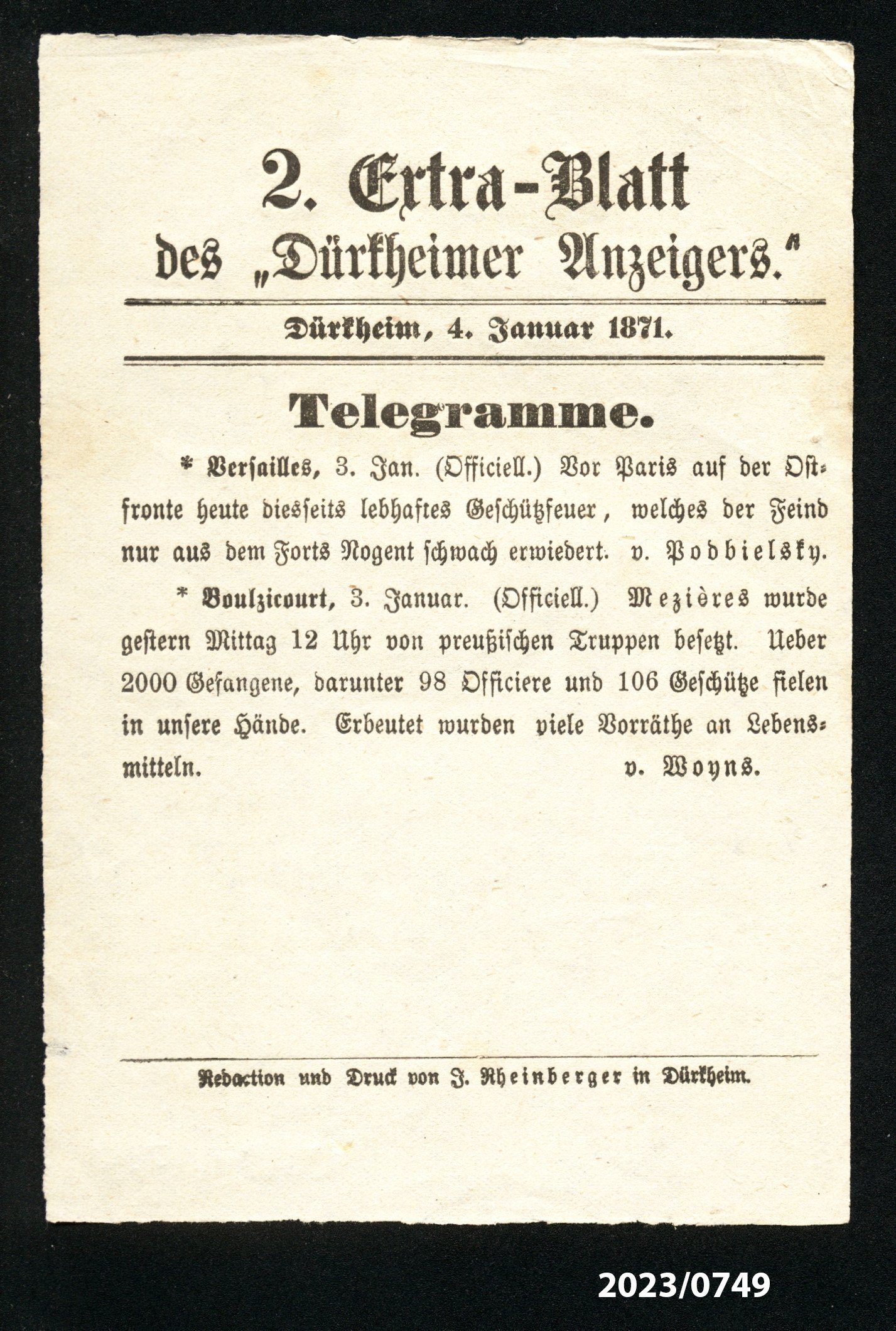 2. Extra-Blatt des "Dürkheimer Anzeigers." 4.1.1871 (Stadtmuseum Bad Dürkheim im Kulturzentrum Haus Catoir CC BY-NC-SA)
