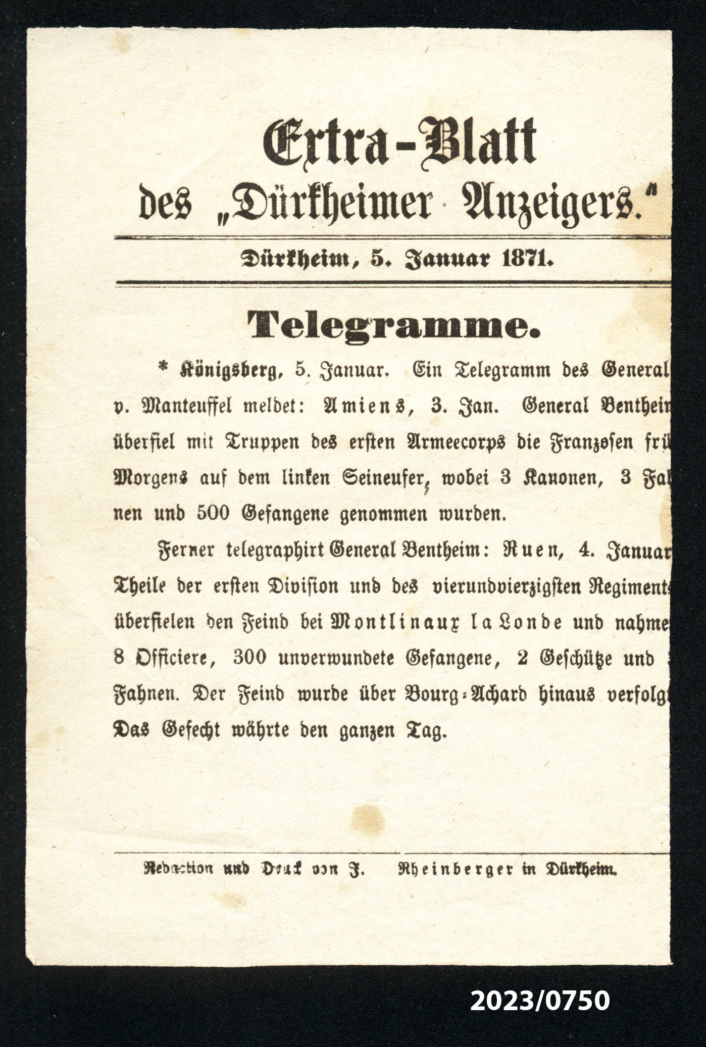 Extra-Blatt des "Dürkheimer Anzeigers." 5.1.1871 (Stadtmuseum Bad Dürkheim im Kulturzentrum Haus Catoir CC BY-NC-SA)