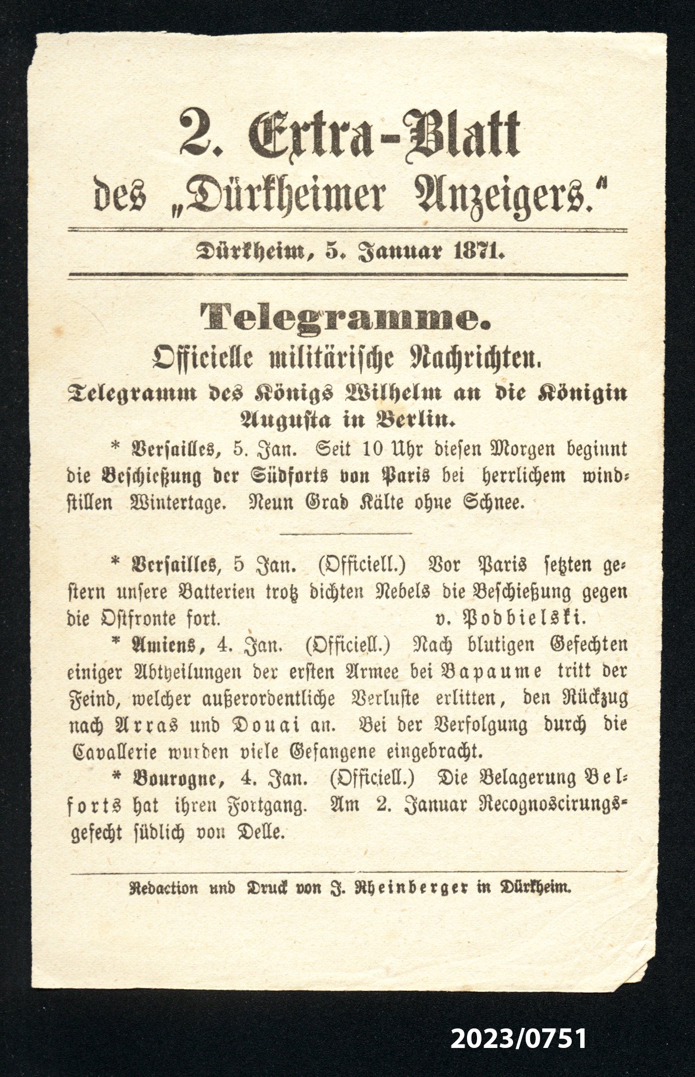 2. Extra-Blatt des "Dürkheimer Anzeigers." 5.1.1871 (Stadtmuseum Bad Dürkheim im Kulturzentrum Haus Catoir CC BY-NC-SA)