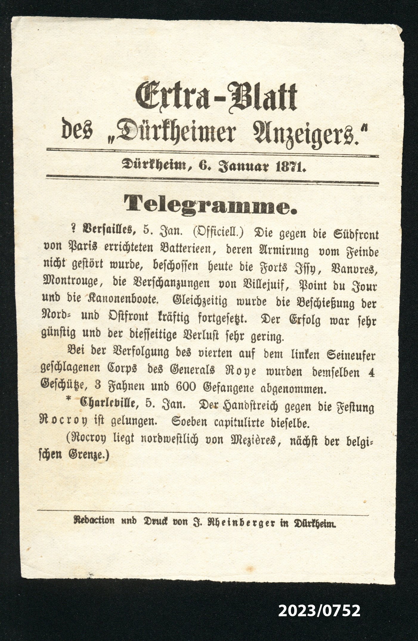 Extra-Blatt des "Dürkheimer Anzeigers." 6.1.1871 (Stadtmuseum Bad Dürkheim im Kulturzentrum Haus Catoir CC BY-NC-SA)