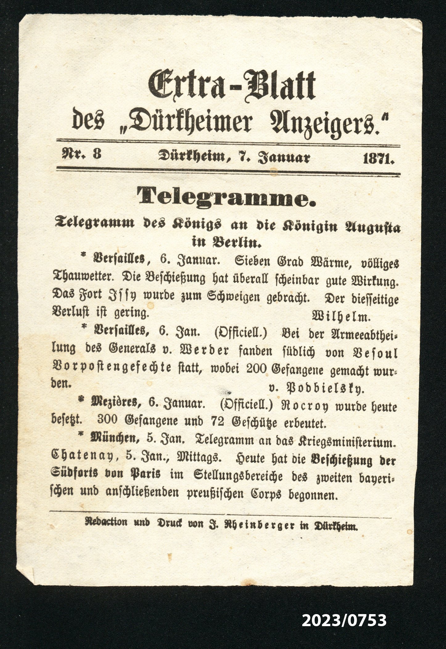 Extra-Blatt des "Dürkheimer Anzeigers." Nr. 8, 7.1.1871 (Stadtmuseum Bad Dürkheim im Kulturzentrum Haus Catoir CC BY-NC-SA)