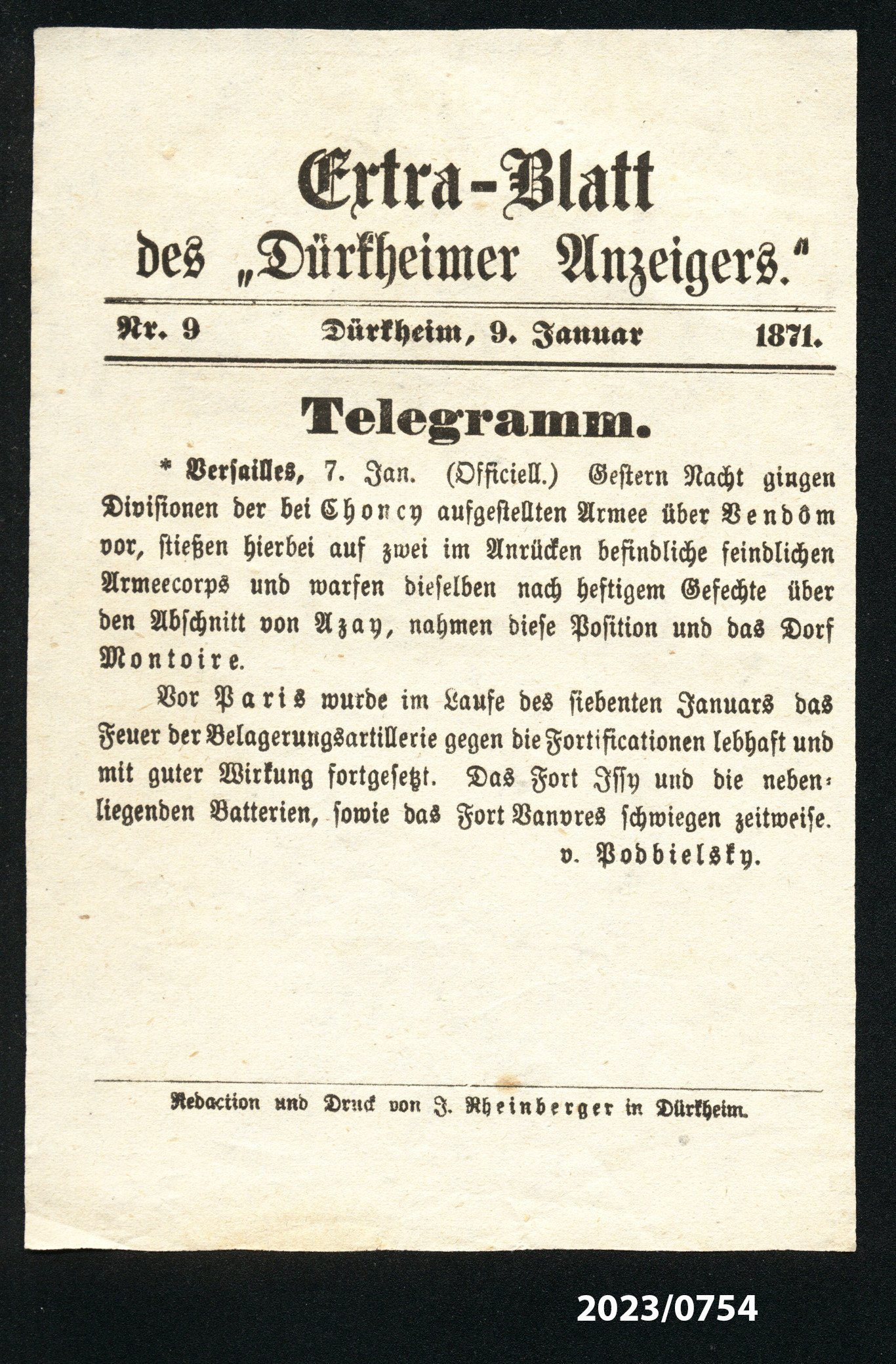 Extra-Blatt des "Dürkheimer Anzeigers." Nr. 9, 9.1.1871 (Stadtmuseum Bad Dürkheim im Kulturzentrum Haus Catoir CC BY-NC-SA)