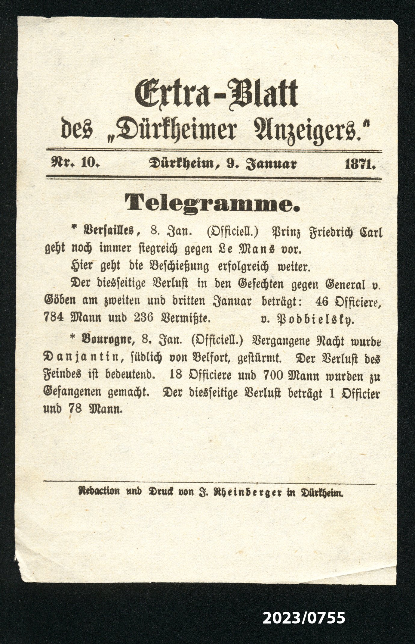 Extra-Blatt des "Dürkheimer Anzeigers." Nr. 10, 10.1.1871 (Stadtmuseum Bad Dürkheim im Kulturzentrum Haus Catoir CC BY-NC-SA)