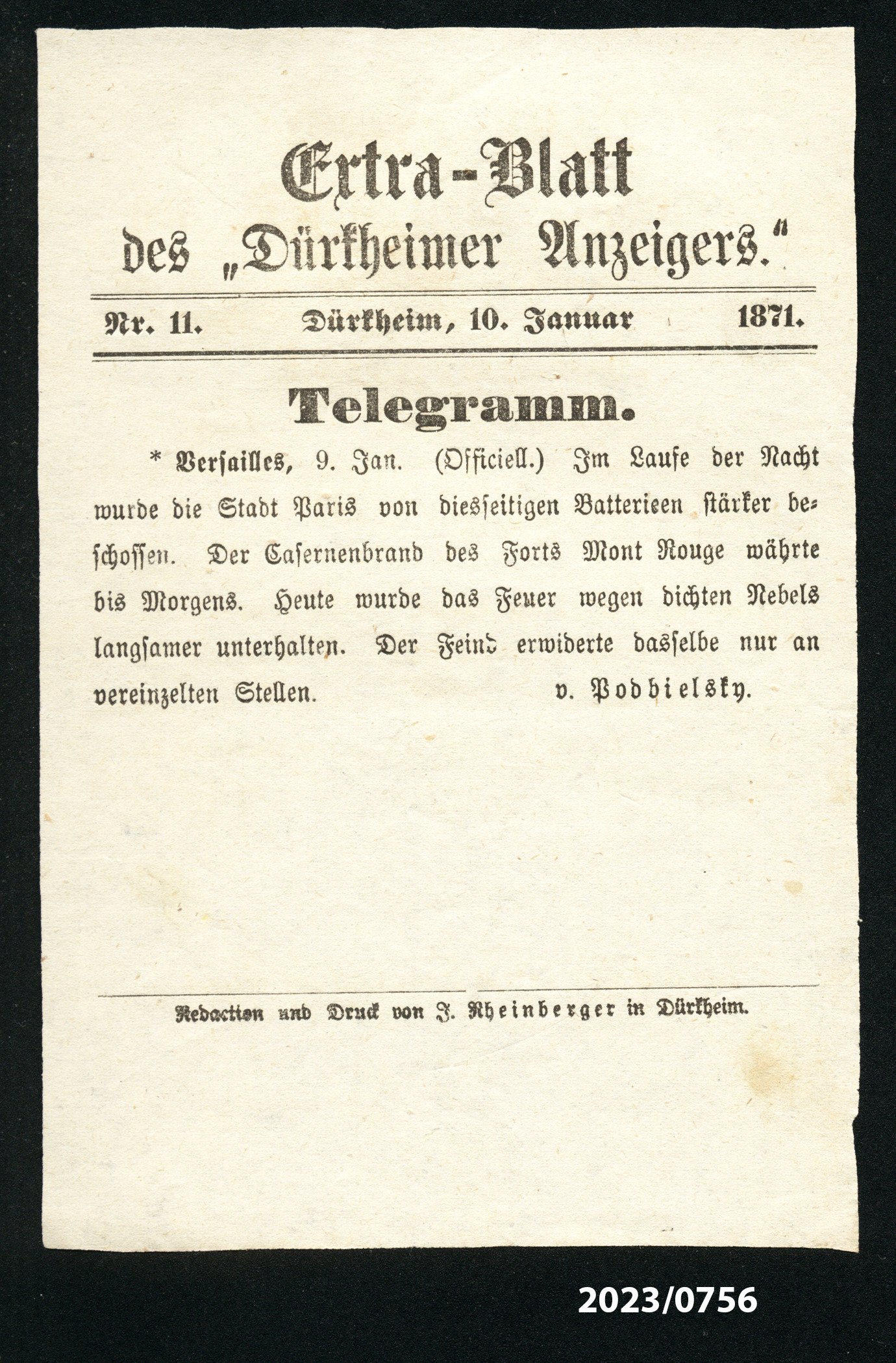 Extra-Blatt des "Dürkheimer Anzeigers." Nr. 11, 10.1.1871 (Stadtmuseum Bad Dürkheim im Kulturzentrum Haus Catoir CC BY-NC-SA)