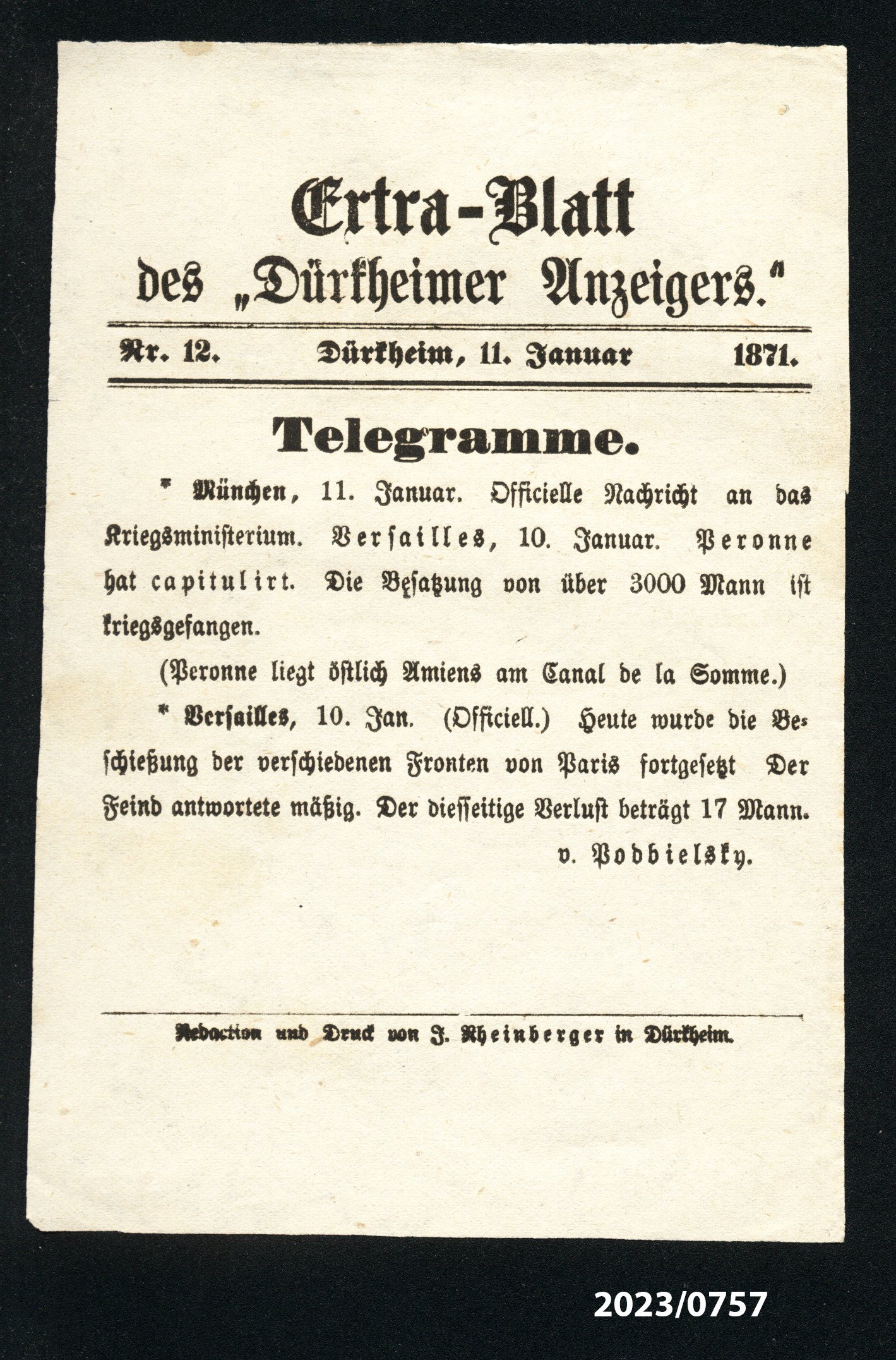 Extra-Blatt des "Dürkheimer Anzeigers." Nr. 12, 11.1.1871 (Stadtmuseum Bad Dürkheim im Kulturzentrum Haus Catoir CC BY-NC-SA)