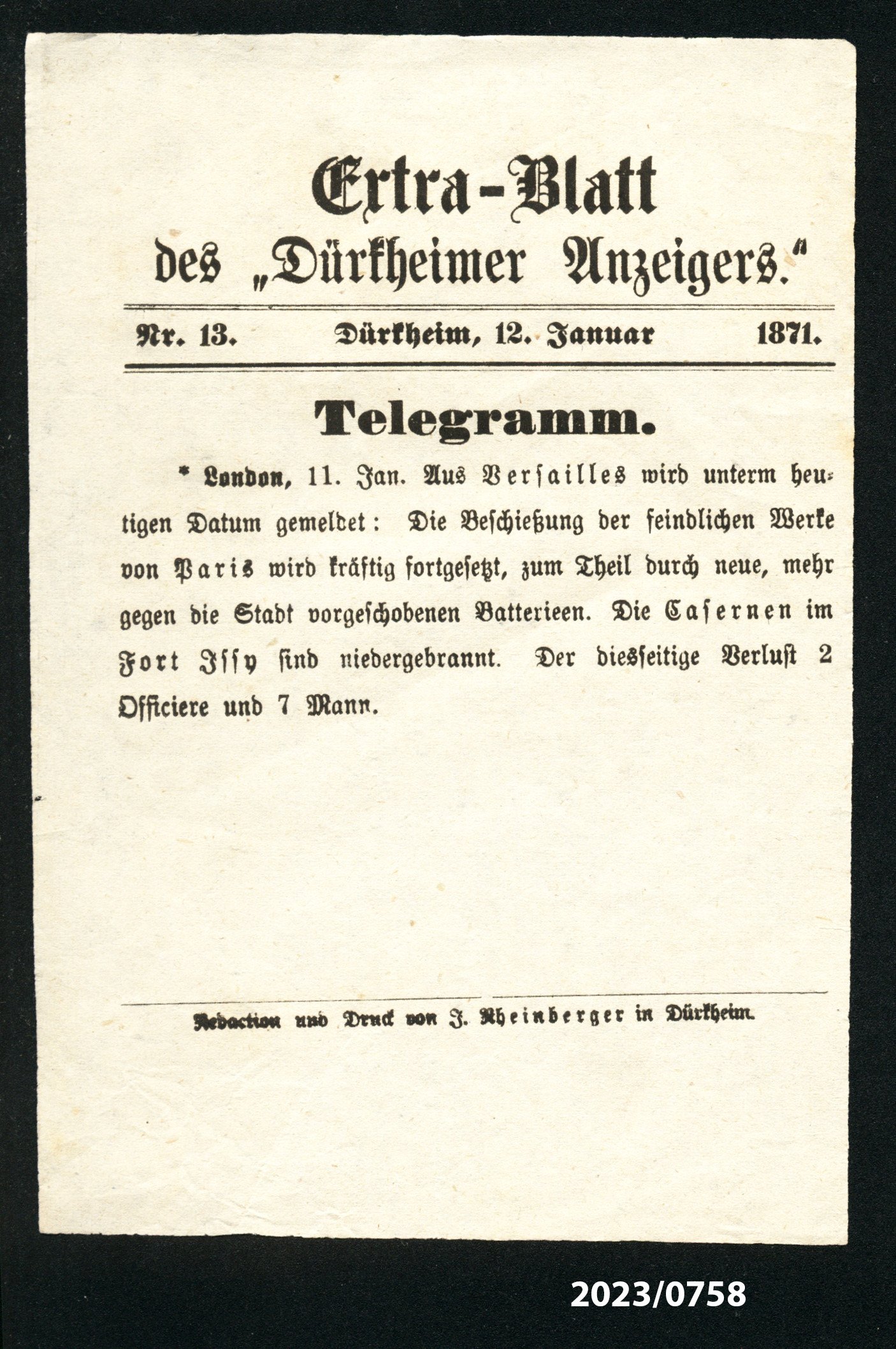 Extra-Blatt des "Dürkheimer Anzeigers." Nr. 13, 12.1.1871 (Stadtmuseum Bad Dürkheim im Kulturzentrum Haus Catoir CC BY-NC-SA)