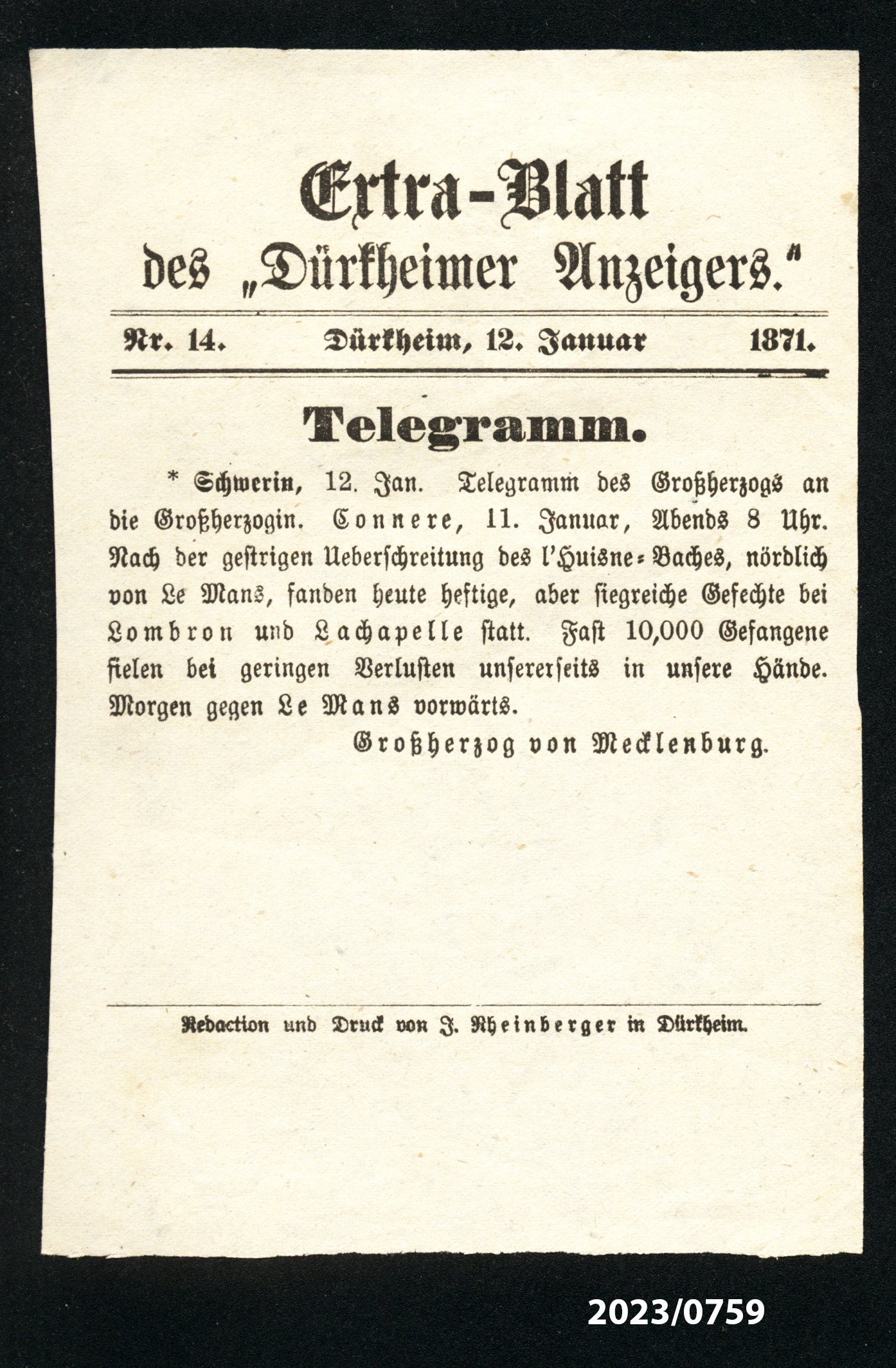 Extra-Blatt des "Dürkheimer Anzeigers." Nr. 14, 12.1.1871 (Stadtmuseum Bad Dürkheim im Kulturzentrum Haus Catoir CC BY-NC-SA)