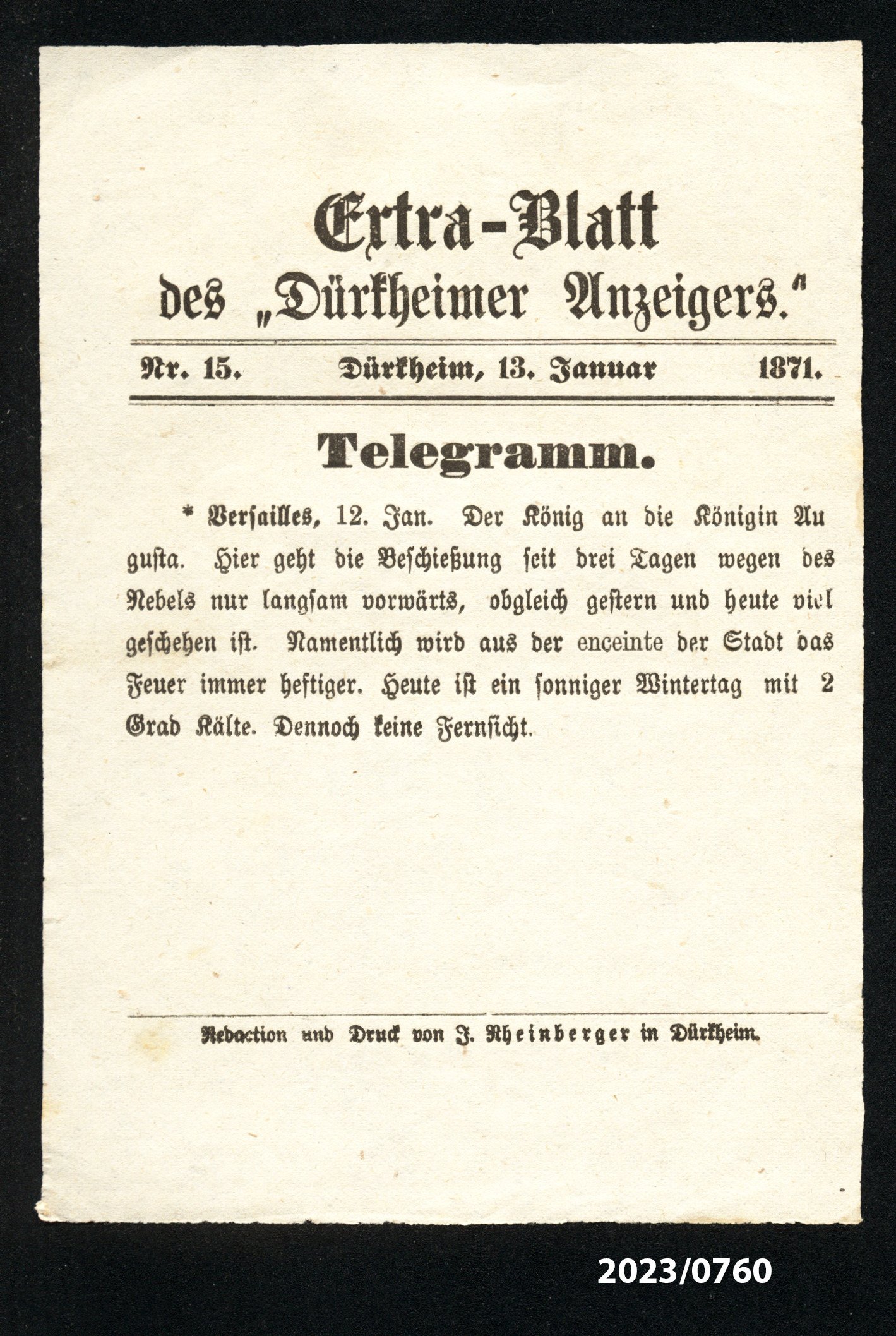 Extra-Blatt des "Dürkheimer Anzeigers." Nr. 15, 13.1.1871 (Stadtmuseum Bad Dürkheim im Kulturzentrum Haus Catoir CC BY-NC-SA)