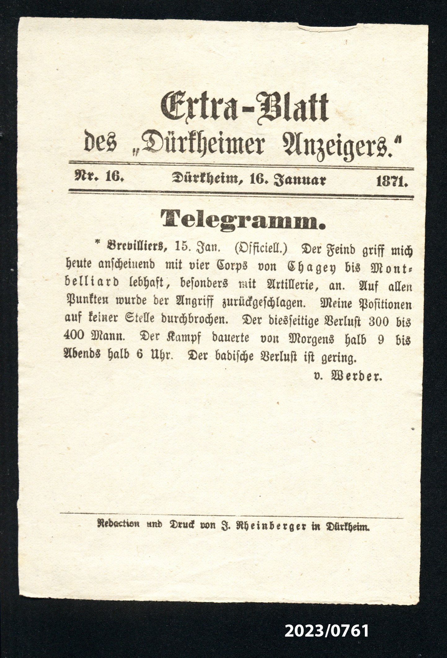 Extra-Blatt des "Dürkheimer Anzeigers." Nr. 16, 16.1.1871 (Stadtmuseum Bad Dürkheim im Kulturzentrum Haus Catoir CC BY-NC-SA)