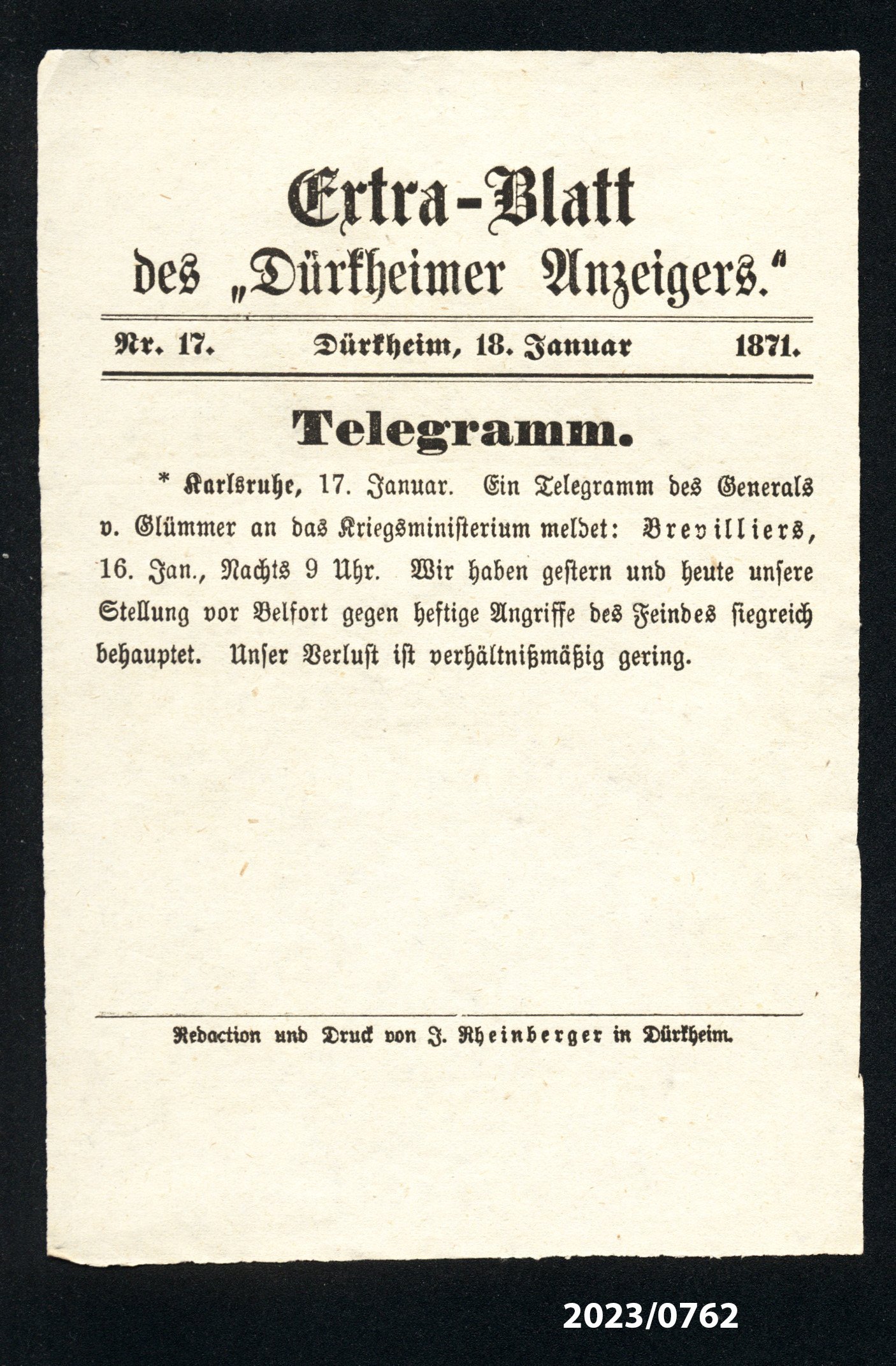 Extra-Blatt des "Dürkheimer Anzeigers." Nr. 17, 18.1.1871 (Stadtmuseum Bad Dürkheim im Kulturzentrum Haus Catoir CC BY-NC-SA)
