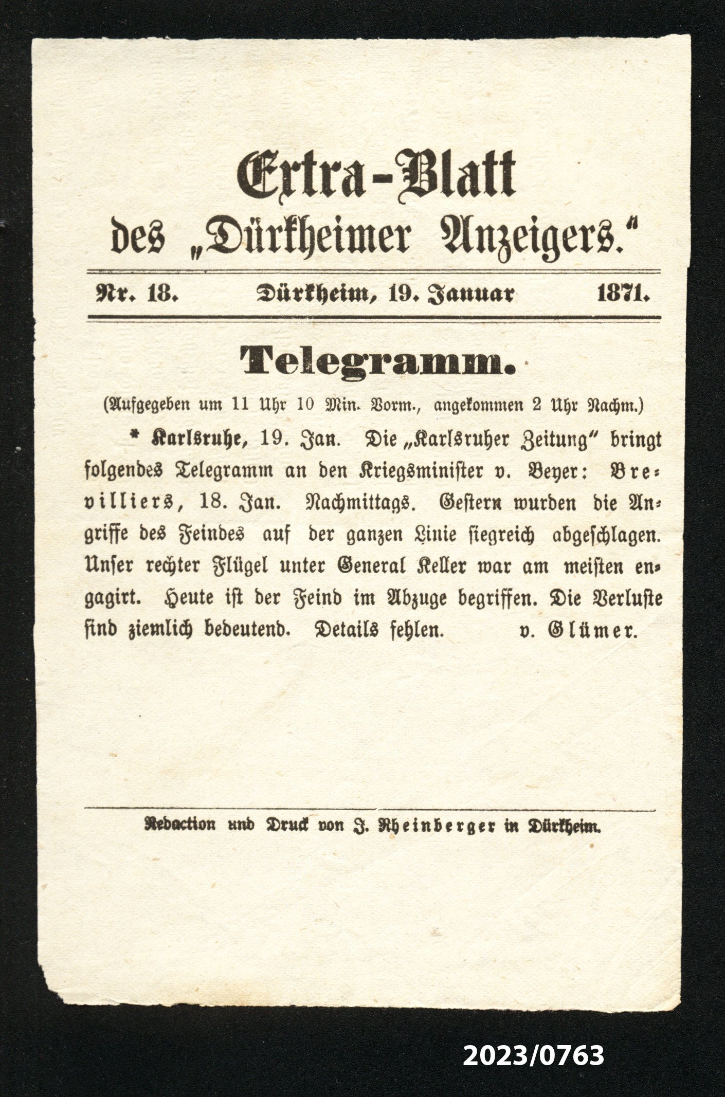 Extra-Blatt des "Dürkheimer Anzeigers." Nr. 18, 19.1.1871 (Stadtmuseum Bad Dürkheim im Kulturzentrum Haus Catoir CC BY-NC-SA)