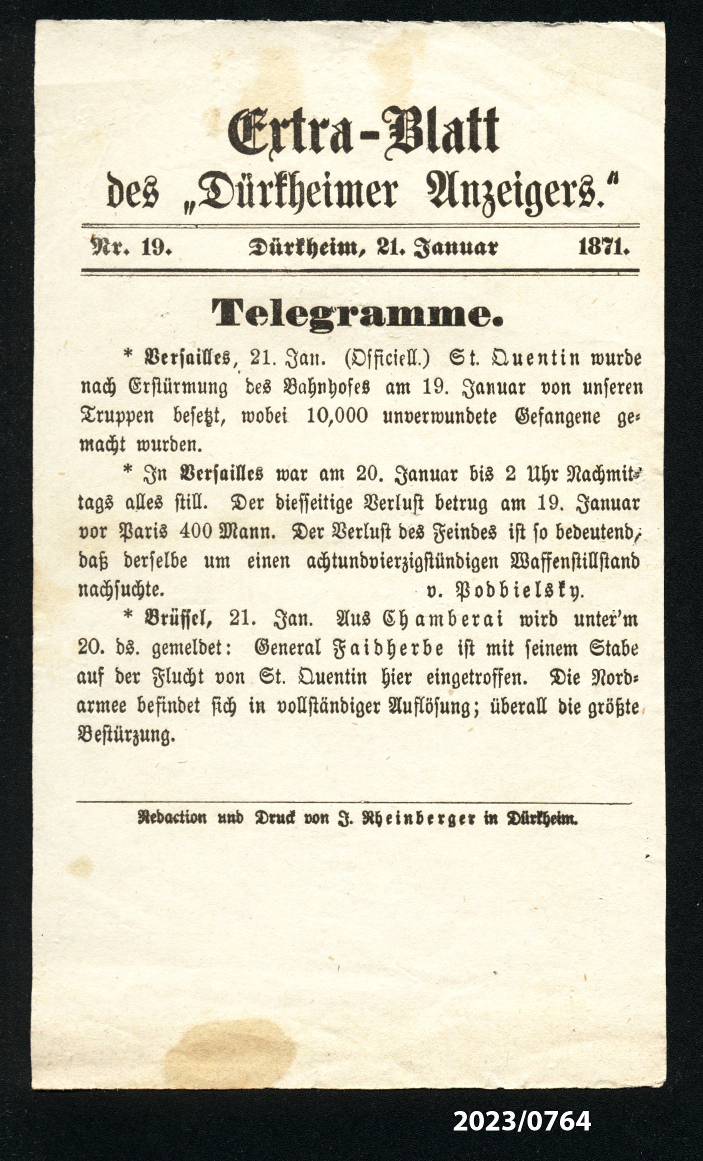 Extra-Blatt des "Dürkheimer Anzeigers." Nr. 19, 21.1.1871 (Stadtmuseum Bad Dürkheim im Kulturzentrum Haus Catoir CC BY-NC-SA)
