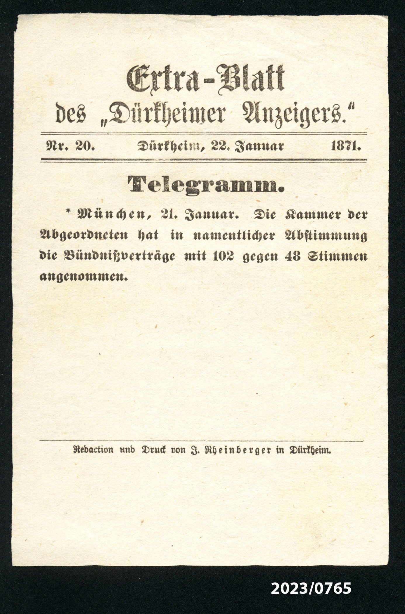 Extra-Blatt des "Dürkheimer Anzeigers." Nr. 20, 22.1.1871 (Stadtmuseum Bad Dürkheim im Kulturzentrum Haus Catoir CC BY-NC-SA)