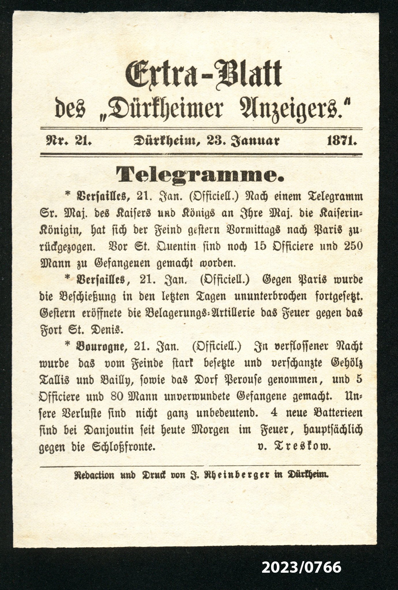 Extra-Blatt des "Dürkheimer Anzeigers." Nr. 21, 23.1.1871 (Stadtmuseum Bad Dürkheim im Kulturzentrum Haus Catoir CC BY-NC-SA)