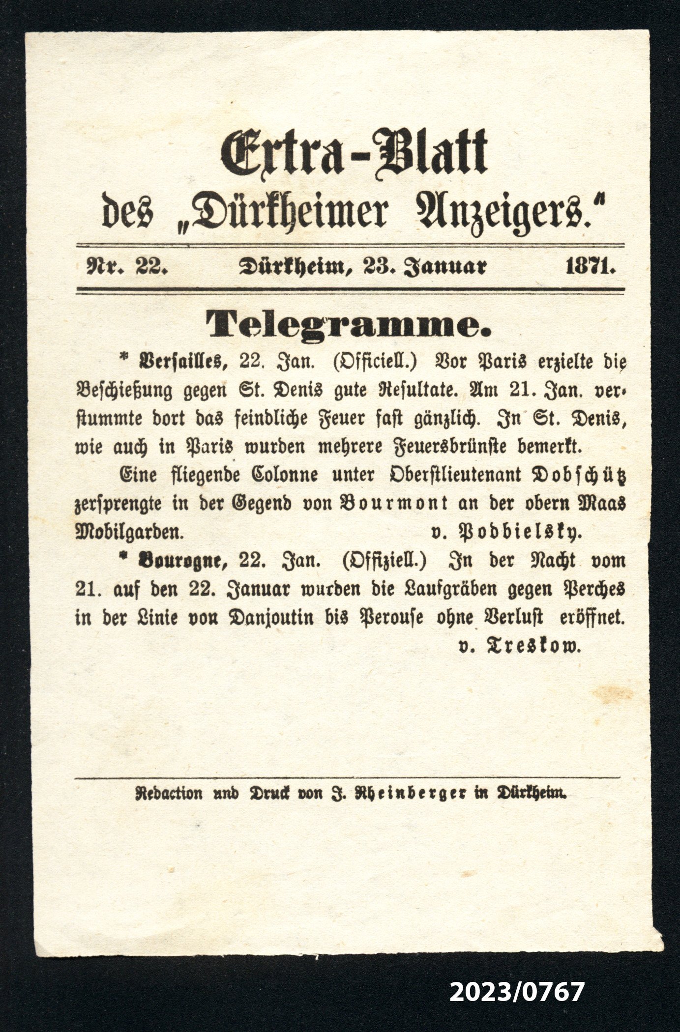 Extra-Blatt des "Dürkheimer Anzeigers." Nr. 22, 23.1.1871 (Stadtmuseum Bad Dürkheim im Kulturzentrum Haus Catoir CC BY-NC-SA)