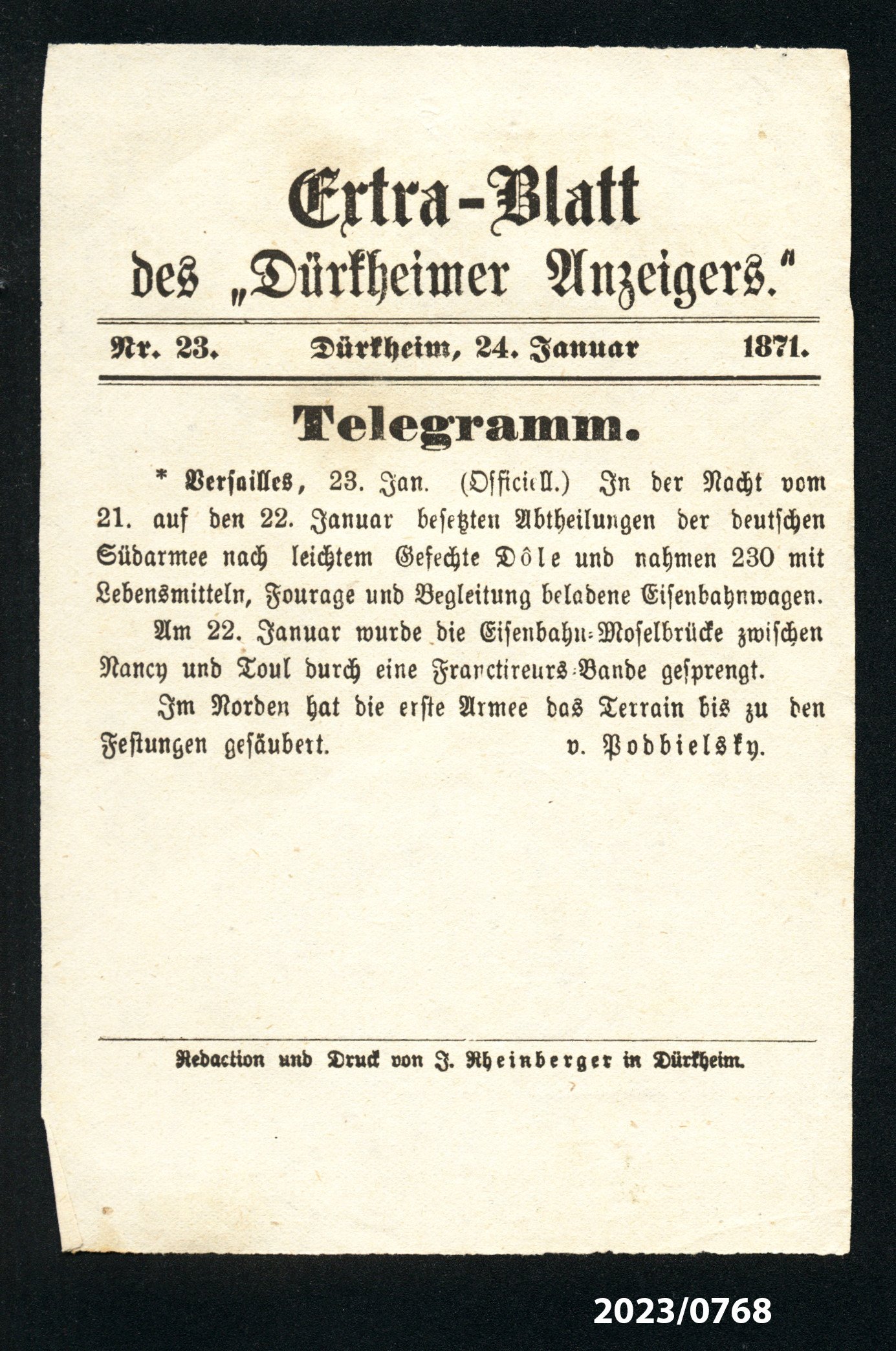 Extra-Blatt des "Dürkheimer Anzeigers." Nr. 23, 24.1.1871 (Stadtmuseum Bad Dürkheim im Kulturzentrum Haus Catoir CC BY-NC-SA)