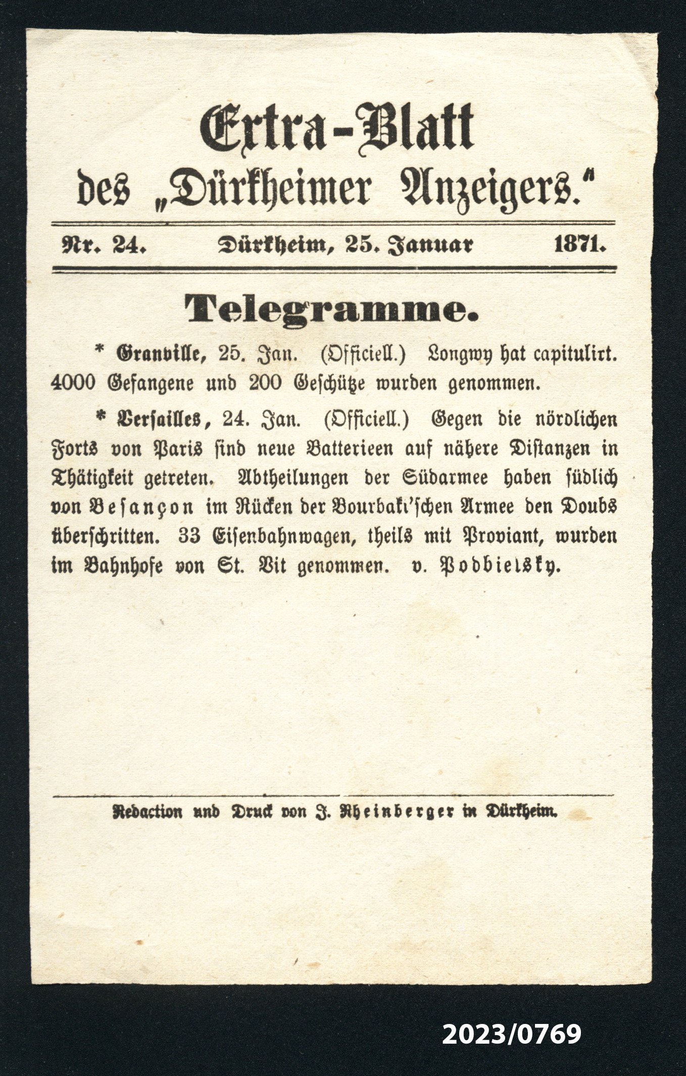 Extra-Blatt des "Dürkheimer Anzeigers." Nr. 24, 25.1.1871 (Stadtmuseum Bad Dürkheim im Kulturzentrum Haus Catoir CC BY-NC-SA)