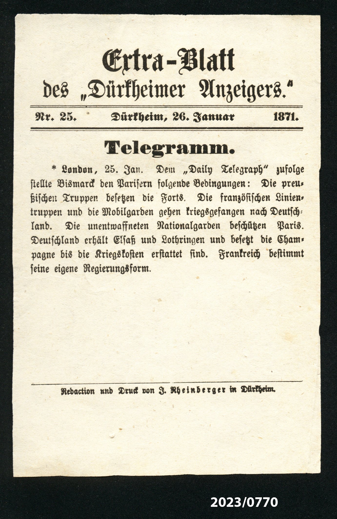 Extra-Blatt des "Dürkheimer Anzeigers." Nr. 25, 26.1.1871 (Stadtmuseum Bad Dürkheim im Kulturzentrum Haus Catoir CC BY-NC-SA)