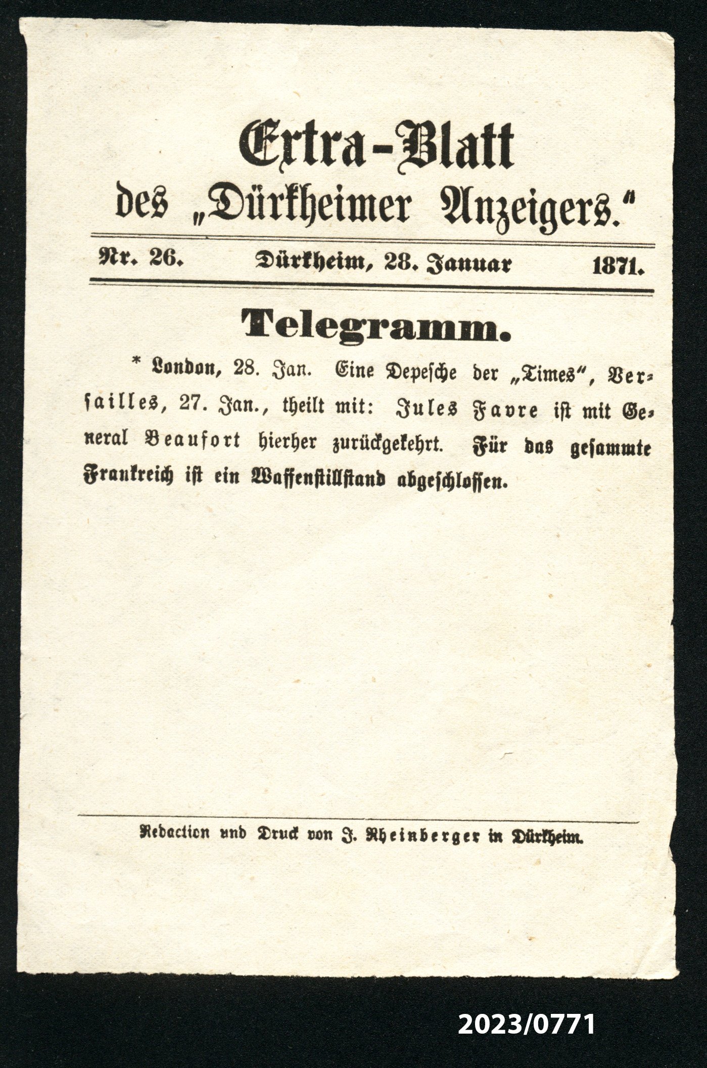 Extra-Blatt des "Dürkheimer Anzeigers." Nr. 26, 28.1.1871 (Stadtmuseum Bad Dürkheim im Kulturzentrum Haus Catoir CC BY-NC-SA)