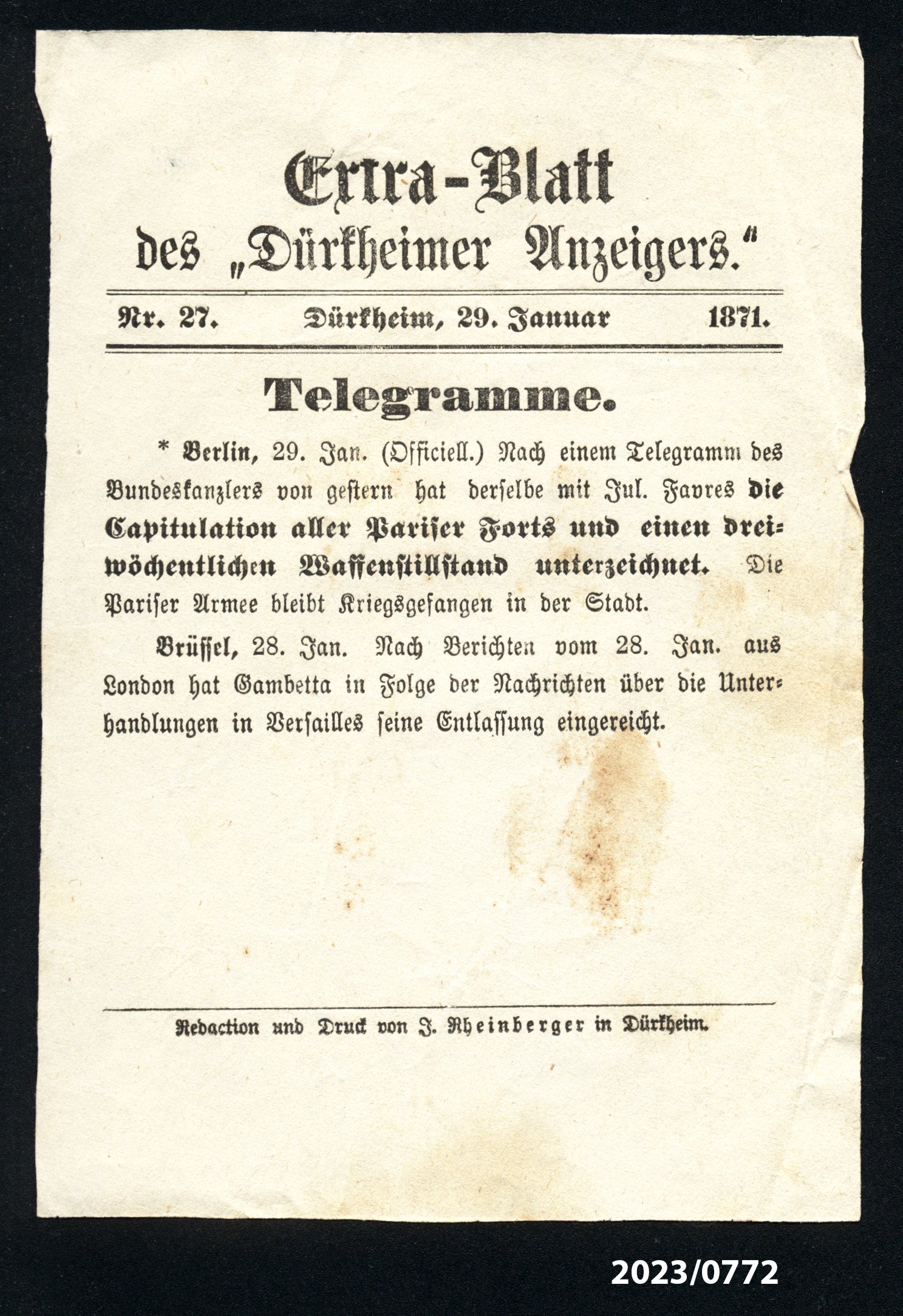 Extra-Blatt des "Dürkheimer Anzeigers." Nr. 27, 29.1.1871 (Stadtmuseum Bad Dürkheim im Kulturzentrum Haus Catoir CC BY-NC-SA)