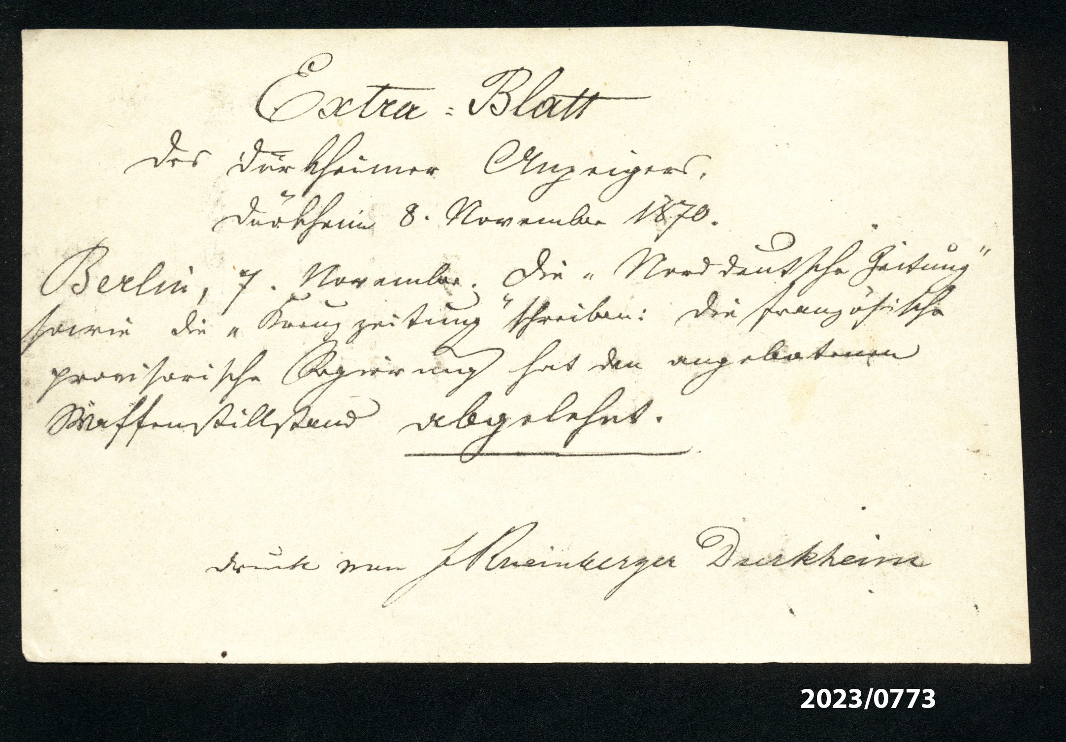 Extra-Blatt des "Dürkheimer Anzeigers." 8.11.1870 (Stadtmuseum Bad Dürkheim im Kulturzentrum Haus Catoir CC BY-NC-SA)