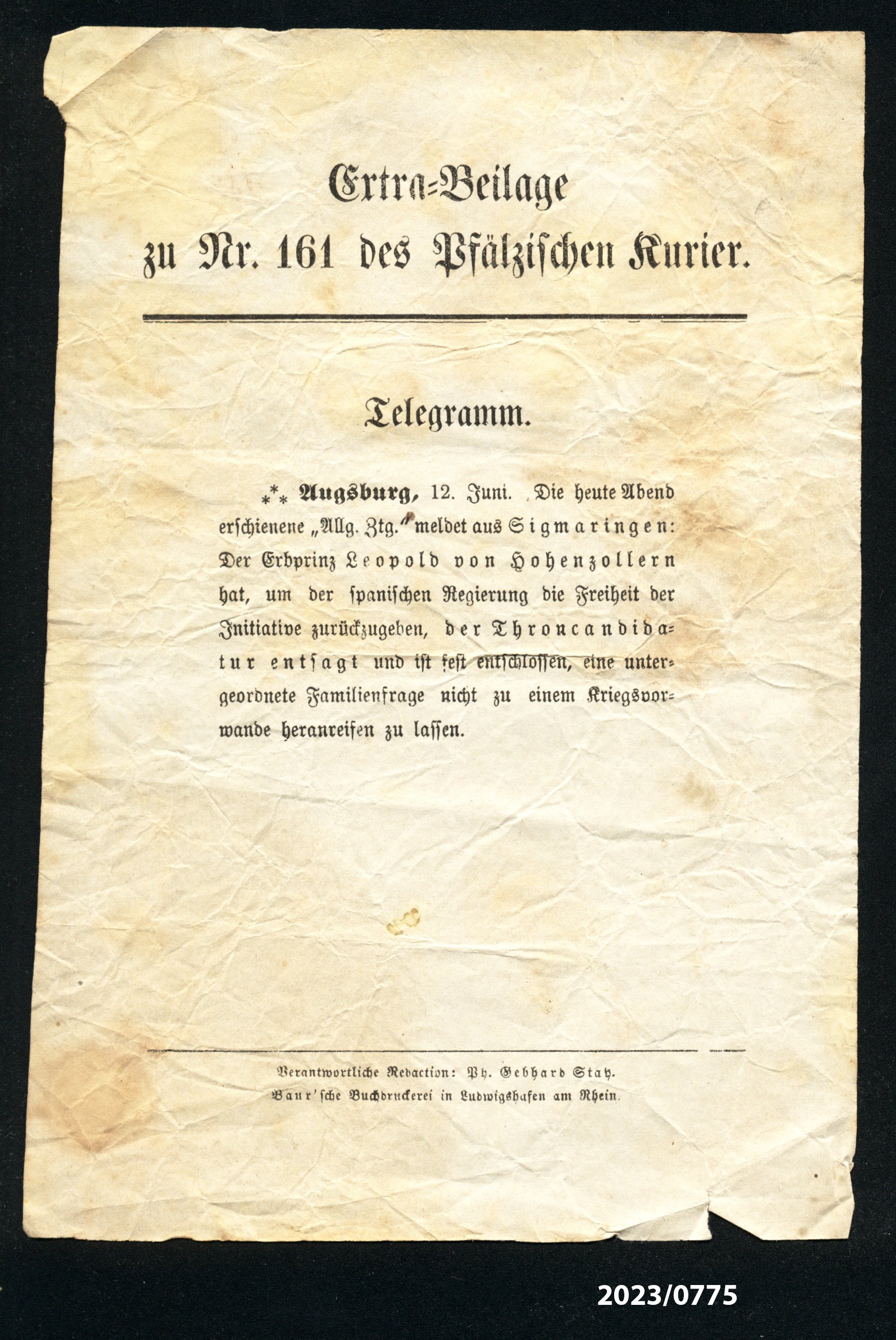 Extra-Beilage zu Nr. 161 des Pfälzischen Kurier, 12.7.1870 (Stadtmuseum Bad Dürkheim im Kulturzentrum Haus Catoir CC BY-NC-SA)
