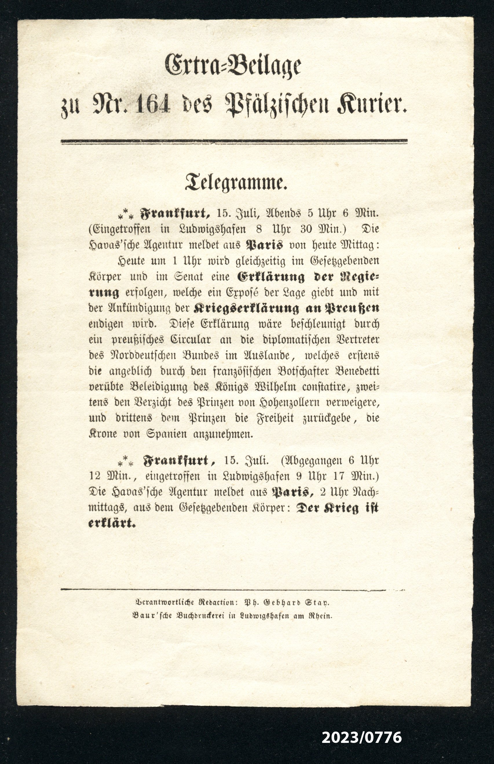 Extra-Beilage zu Nr. 164 des Pfälzischen Kurier, 15.7.1870 (Stadtmuseum Bad Dürkheim im Kulturzentrum Haus Catoir CC BY-NC-SA)