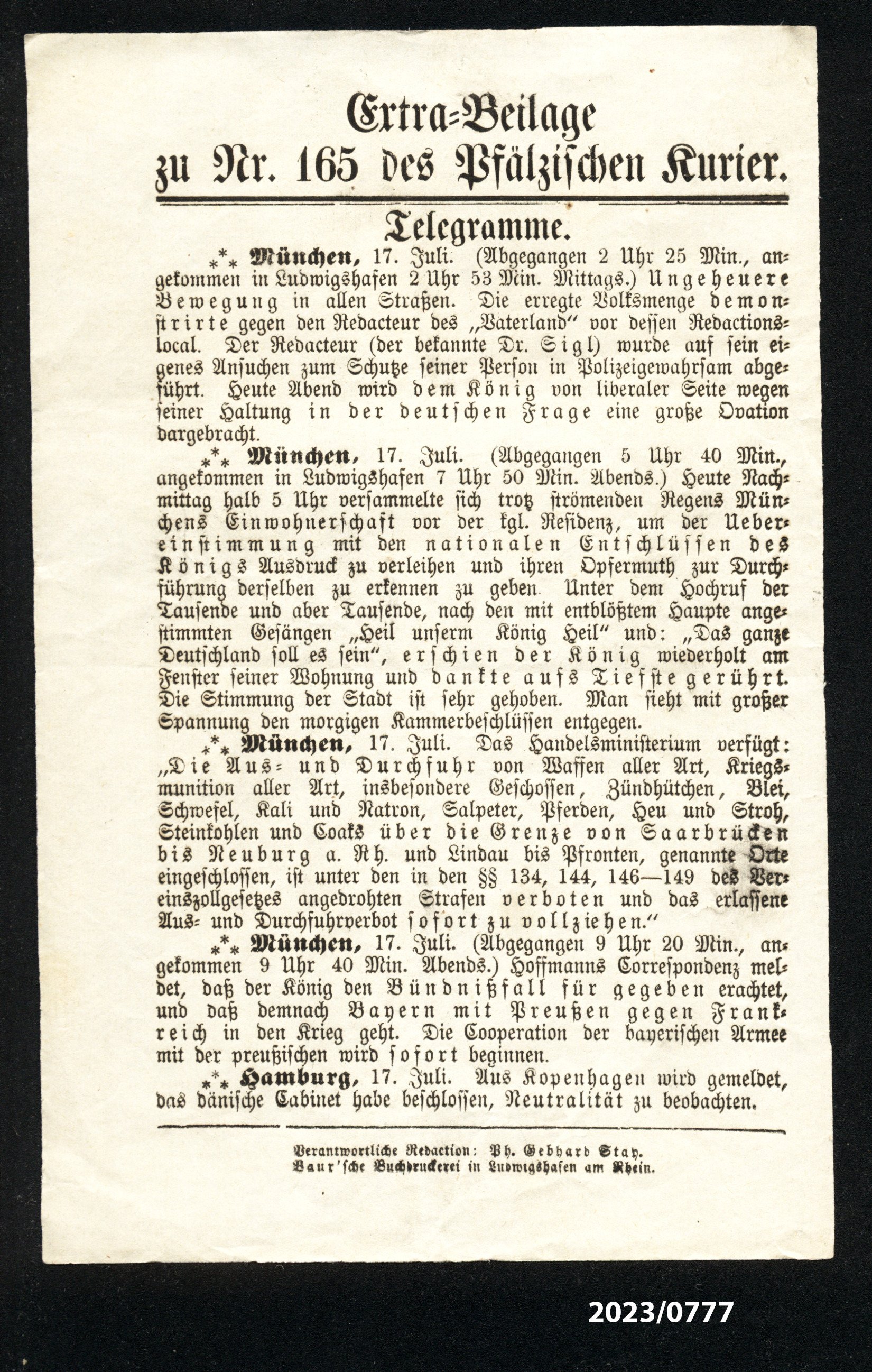 Extra-Beilage zu Nr. 165 des Pfälzischen Kurier, 16.7.1870 (Stadtmuseum Bad Dürkheim im Kulturzentrum Haus Catoir CC BY-NC-SA)
