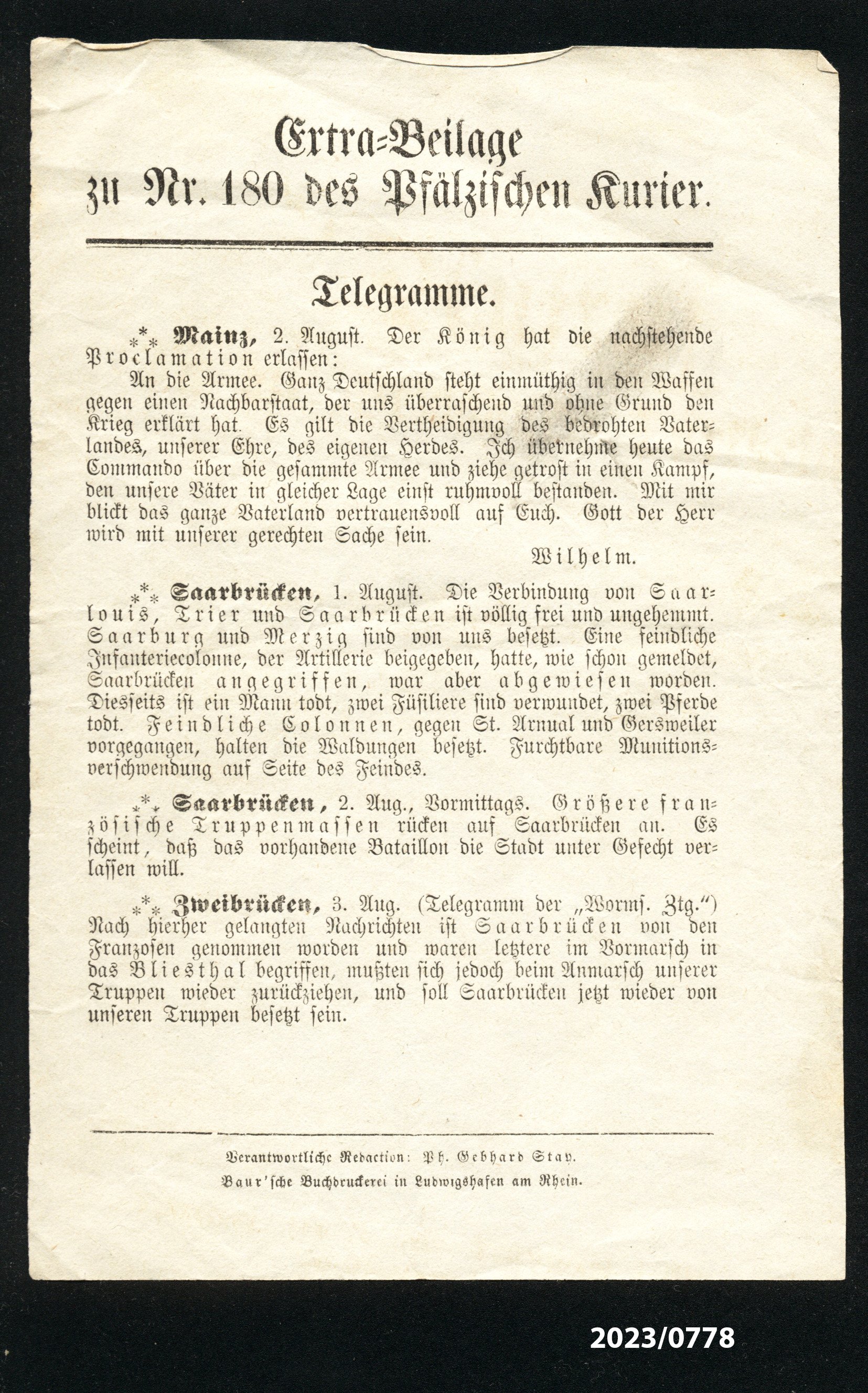 Extra-Beilage zu Nr. 180 des Pfälzischen Kurier, 3.8.1870 (Stadtmuseum Bad Dürkheim im Kulturzentrum Haus Catoir CC BY-NC-SA)