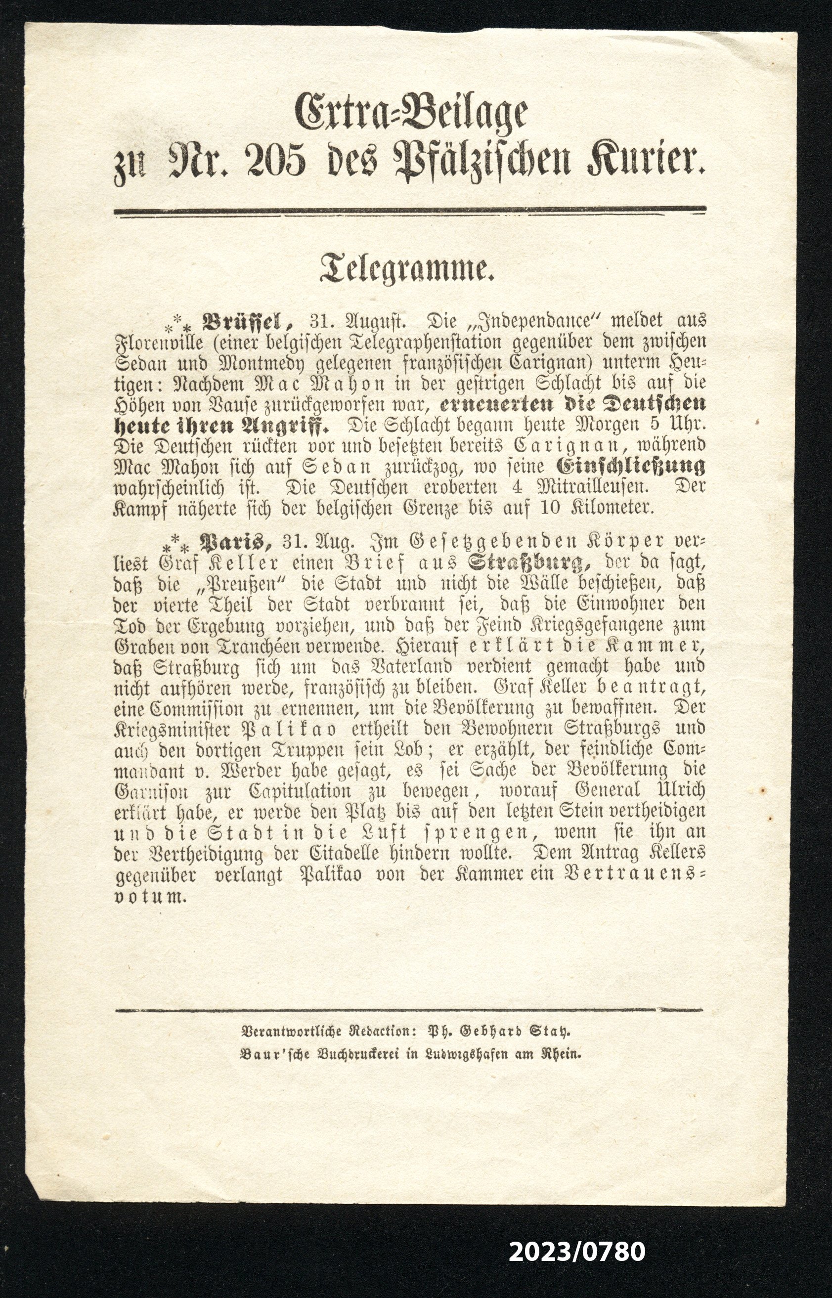 Extra-Beilage zu Nr. 205 des Pfälzischen Kurier, 1.9.1870 (Stadtmuseum Bad Dürkheim im Kulturzentrum Haus Catoir CC BY-NC-SA)